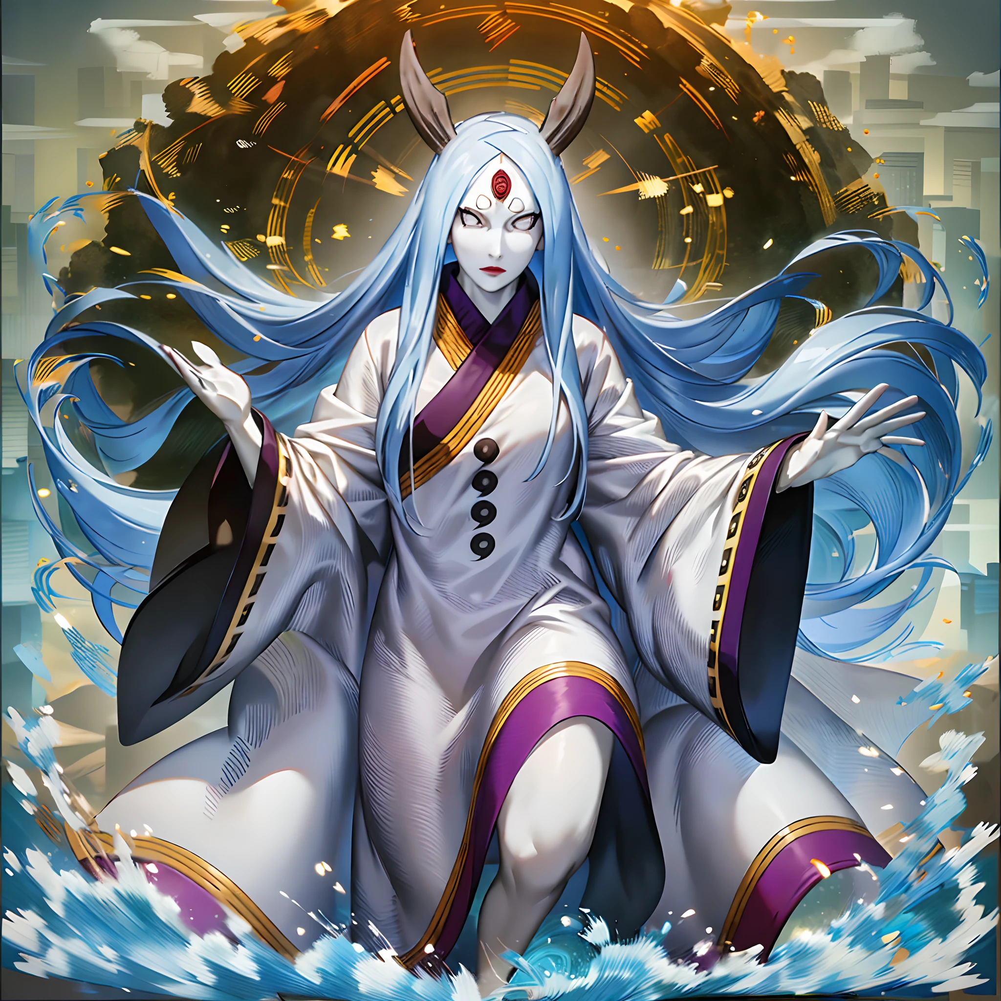 masterpiece,best quality,highly detailed,ultra-detailed,an extremely delicate and beautiful,masterpiece,1girl, solo,kaguya,mature female, long hair, absurdly long hair, third eye,horns, pale skin,white short eyebrows, otsutsuki kimono, floating hair, looking at viewer,t, walking, flipflops, full body