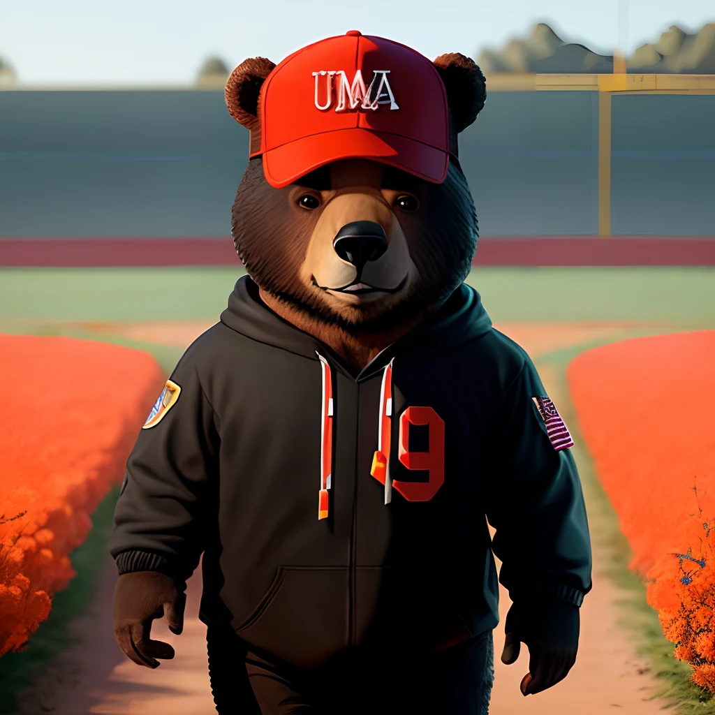 pixar style urso com corpo preto com umas marcas vermelho, a 12 year old black body color with red field bear wearing a baseball cap walking home