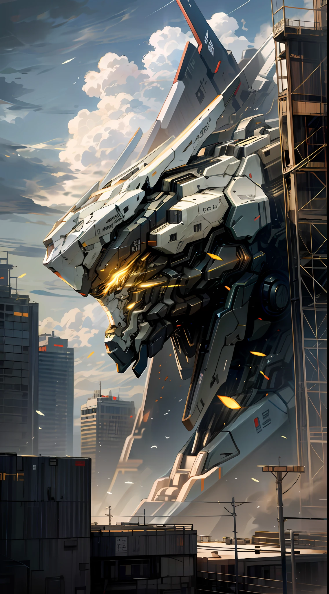 sky, cloud, holding_weapon, no_humans, glowing, , robot, building, glowing_eyes, mecha, science_fiction, city, realistic,mecha