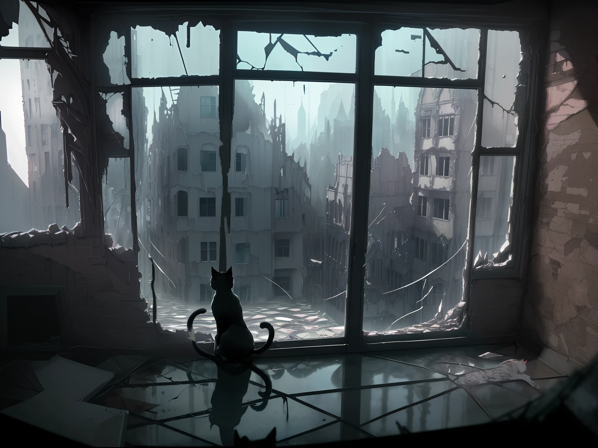 {{illustration}}, {{ultra-detailed}}, {{chromatic aberration}}, {{caustic}}, Amazing, extremely detailed CG,extremely detailed cat, {{an extremely delicate and beautiful}}, (ruins, crumbling building: 1.3 ), (flooded city,: 1.2), (landscape from the window, broken windowpane: 1.2), {{{Cat walking on roof}}}, Cat focus, Cat in center, cat