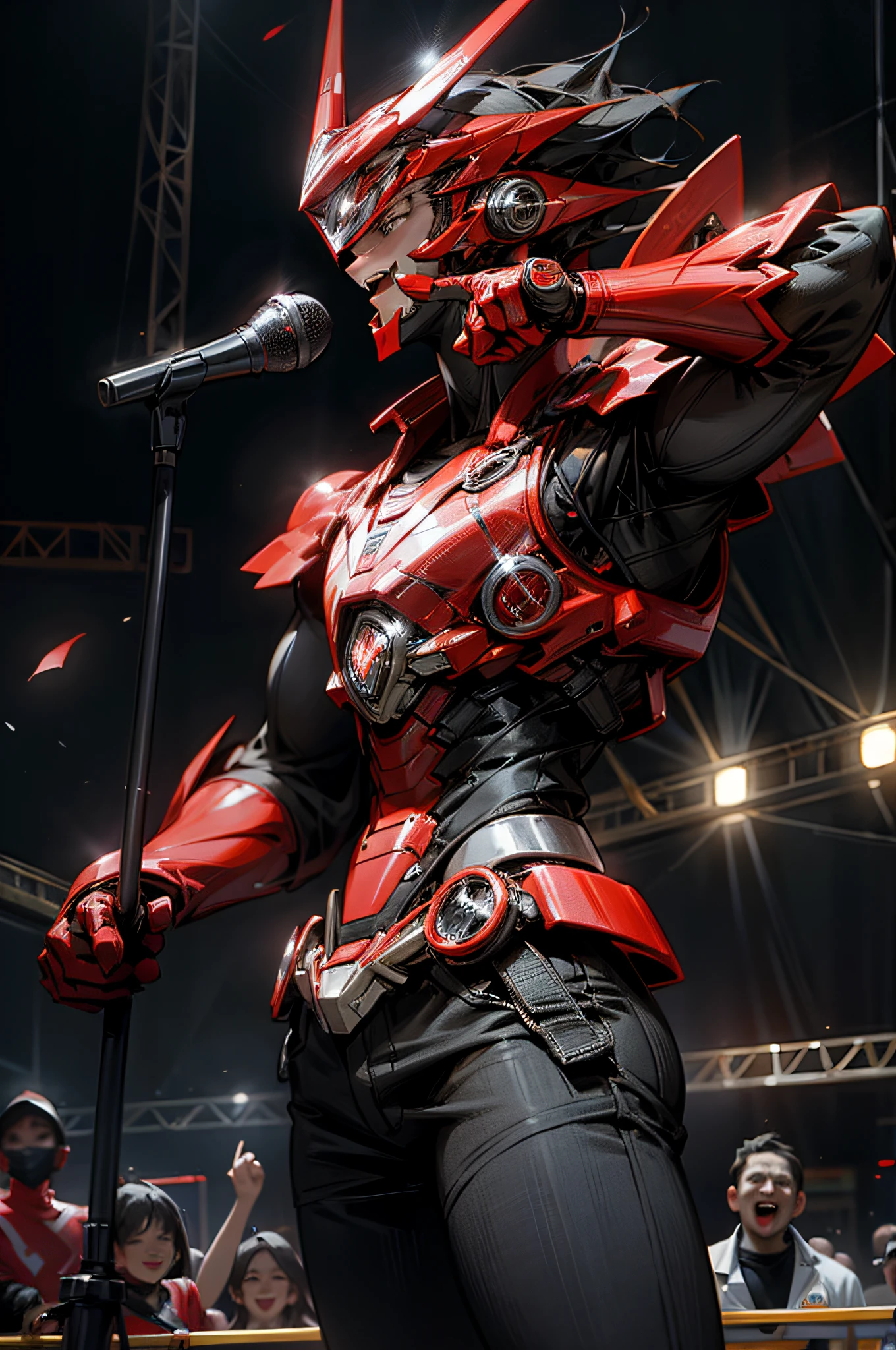 red power ranger singing at a live concert with a large, well-lit audience, holding the microphone