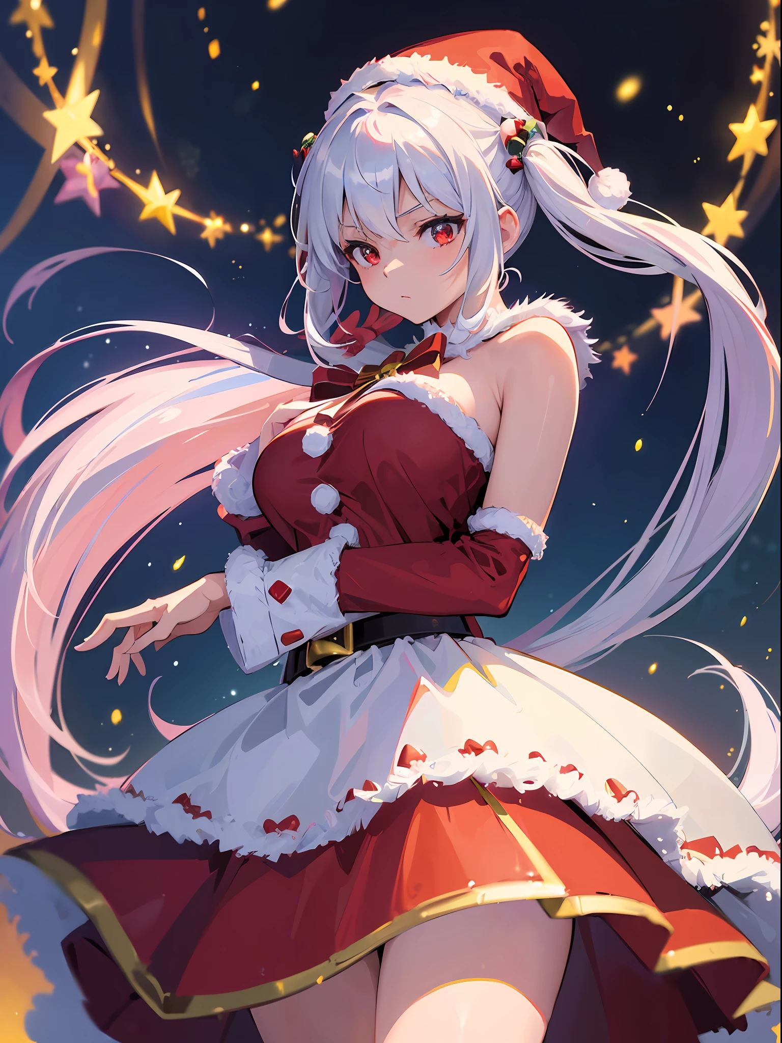 (best quality, masterpiece:1.3), illustrations, anime, very high resolution, large filesize, full color, beautiful detailed glow, front light, 1girl, solo, Christmas, santa costume, Santa hat, ((magical girl)), Christmas decorations, white hair, red eyes, twin tail, magic, battling, Christmas back ground,