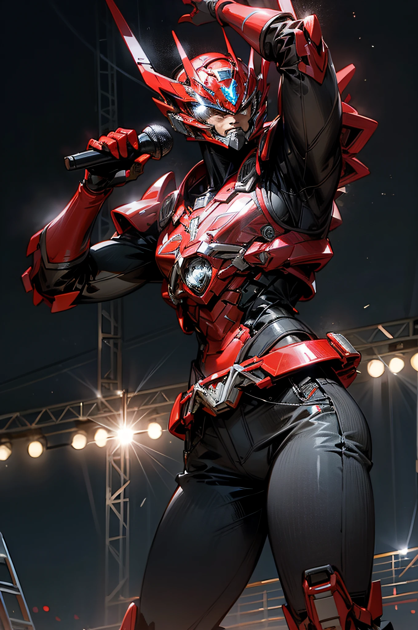 red power ranger singing at a live concert with a large, well-lit audience, holding the microphone