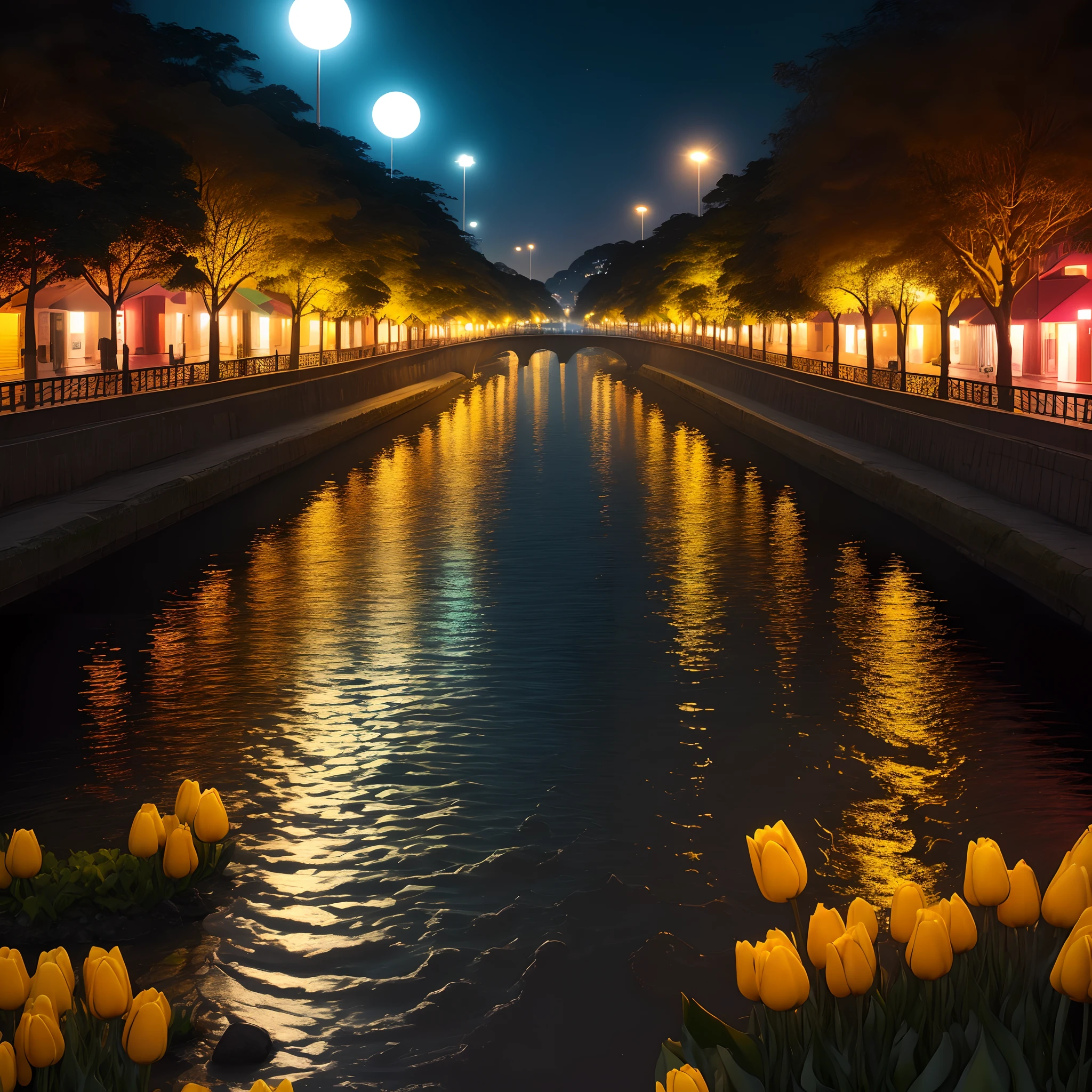 Foto realista natural de tulipas vermelhas ao fundo um rio em corredeira a luz da lua a noite