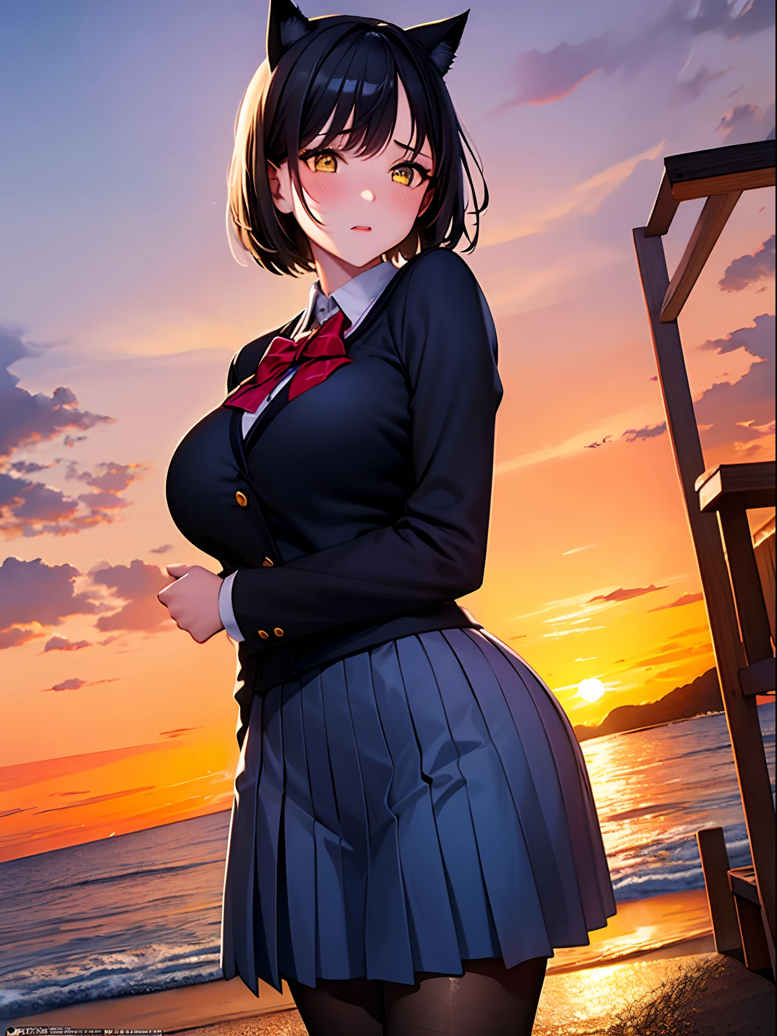 1 girl in、embarassed expression、short dark hair、Black cat ears、Yellow eyes,red blush、(Rim lighting):1.2、Soft shadows、vivd colour、Beautiful sunset、plein air,the beach,ultra-detailliert、Large breasts,Official art、unity 8k wall paper,Short school uniform,Black pantyhose