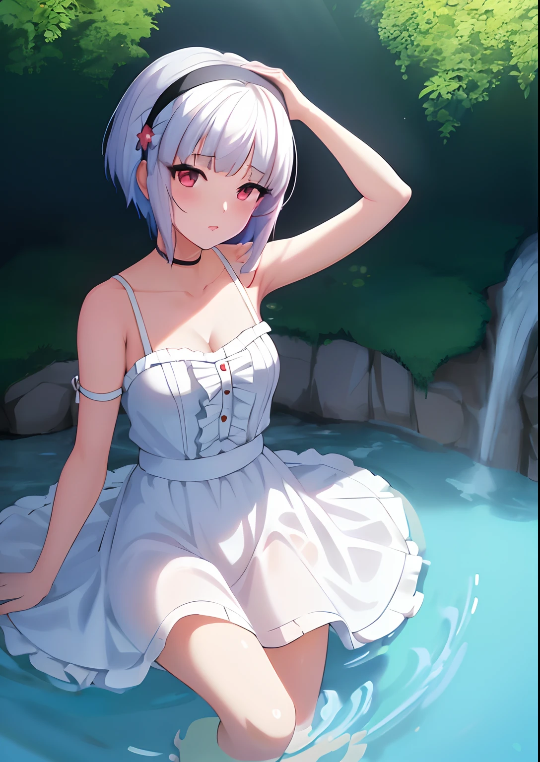 Anime girl in a white dress standing in a pool of water, menina anime sedutora, Loli no vestido, mulher bonita sedutora do anime, Shikami, Cute anime waifu in a nice dress, anime moe artstyle, arte cg anime suave, Rei Ayanami, Impacto de Ayaka Genshin, Neferpitou, Paisagem de Ilya Kuvshinov