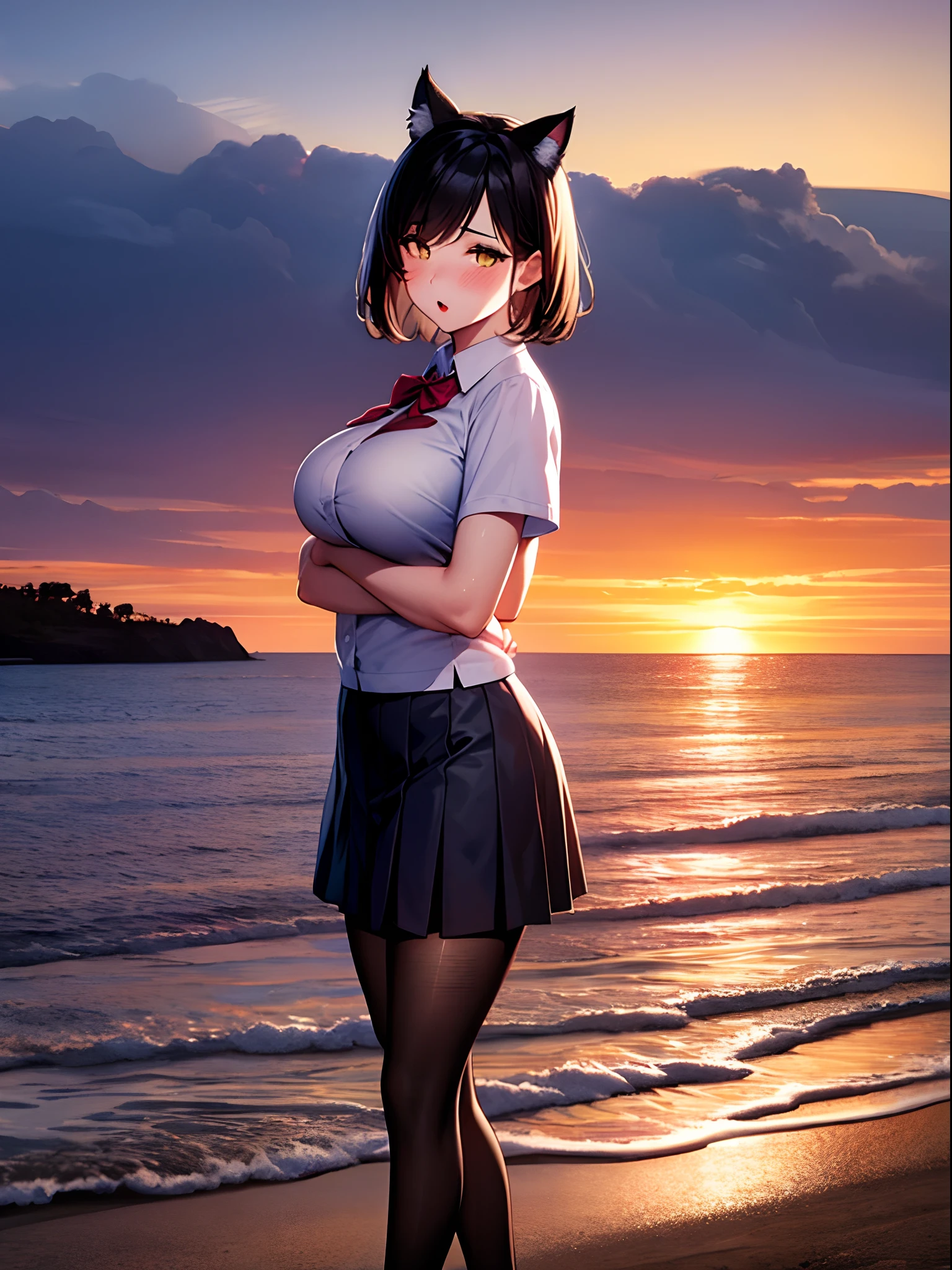 1 girl in、embarassed expression、short dark hair、Black cat ears、Yellow eyes，red blush、(Rim lighting):1.2、Soft shadows、vivd colour、Beautiful sunset、plein air，the beach，ultra-detailliert、Large breasts，Official art、unity 8k wall paper，Short school uniform，Black pantyhose
