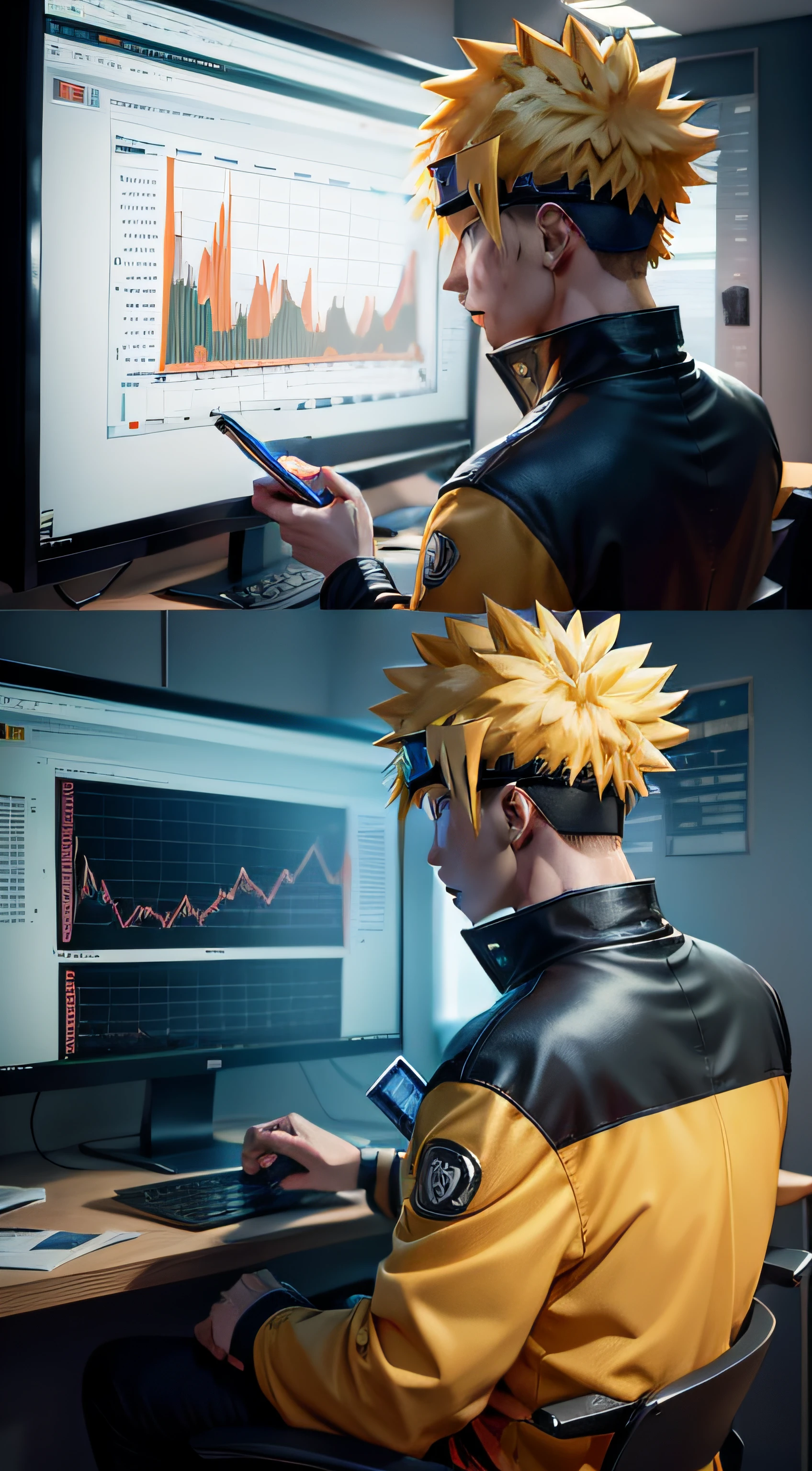 4k Naruto Uzumaki, in a modern office, analyzing investment charts on a large screen., In the background, I want to visualize graphs of some cryptocurrencies, (Bitcoin, Ethereum, Ripple) rising and falling, and also stacks of gold bars. Naruto should look focused and determined, as if he were studying the trends of the financial market