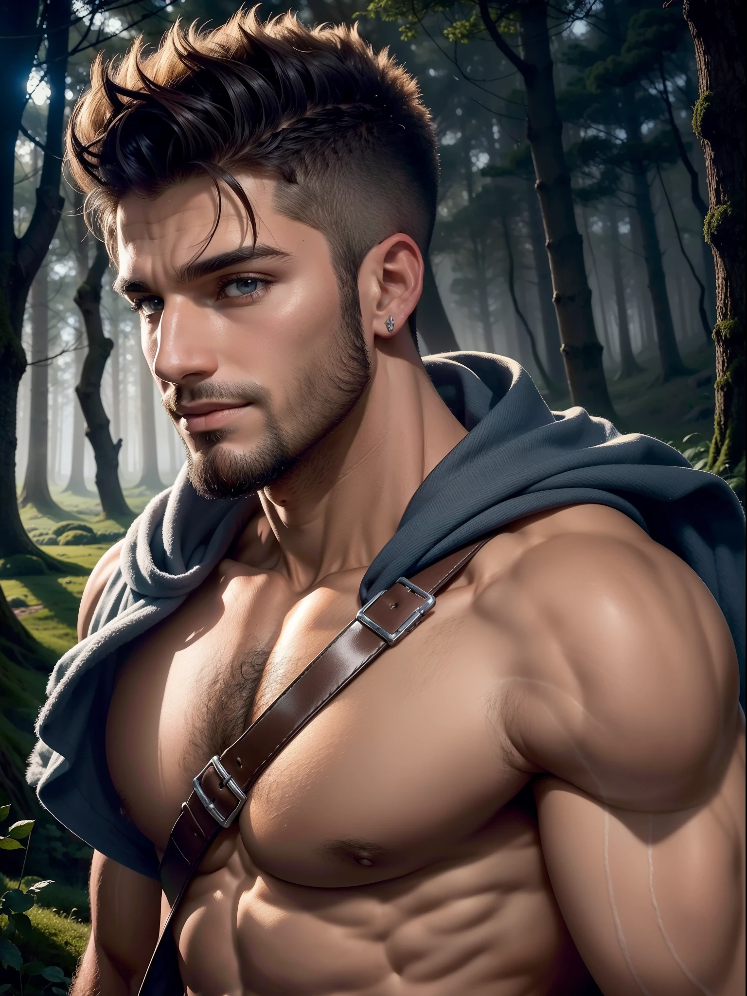 Diablo com um fundo em chamas e fogo na frente no estilo de D14bl0, Homem sentado na cama, with defined abdomen and muscles, Front view, (((retrato))) (((head shoot))), 1boy bonito fit masculino, Very detailed flawless face, olhos abertos detalhados, muito bonito, epics, heroic, guerreiro. (musculoso), (large muscles), ((peitorais grandes)). cabelos longos, ((sorriso feliz)). (()) Enchanted mythical forest scenery with trees, Arbustos, flor, grama. Luz nebulosa suave. profundidade de campo. pastels colors. pintura digital, pintura digital superdetalhada, melhor qualidade