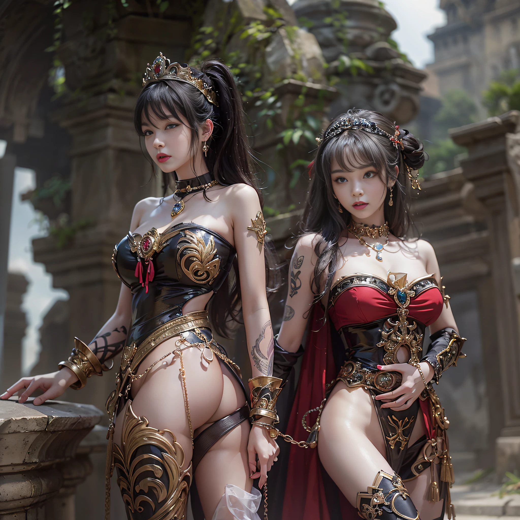 ((masterpiece:1.4)、(top-quality:1.4)、(reallistic:1.7))、Beautiful girl strolling in the garden of fantastic ancient city、Sexy Daughter、Super beautiful girl、1girl in:1.4、Dress like a queen、Glossy luxury latex、Luxury Latex Bodysuit、By Luis Royo、age19、Super Ultra Ultra Bikini、Cute tattoos、Outstanding style、(Two legs are drawn correctly:1.7)、(Two arms:1.4)、anatomical correct、Slender Abs、(beauty legs:1.4)、beautiful countenance、kawaii faces、Beautiful ass、A detailed eye、beautidful eyes、Raw photo、red-lips、Red high heels、a choker、a necklace、耳Nipple Ring、Fantasy of an ancient city、Fantasy worldview