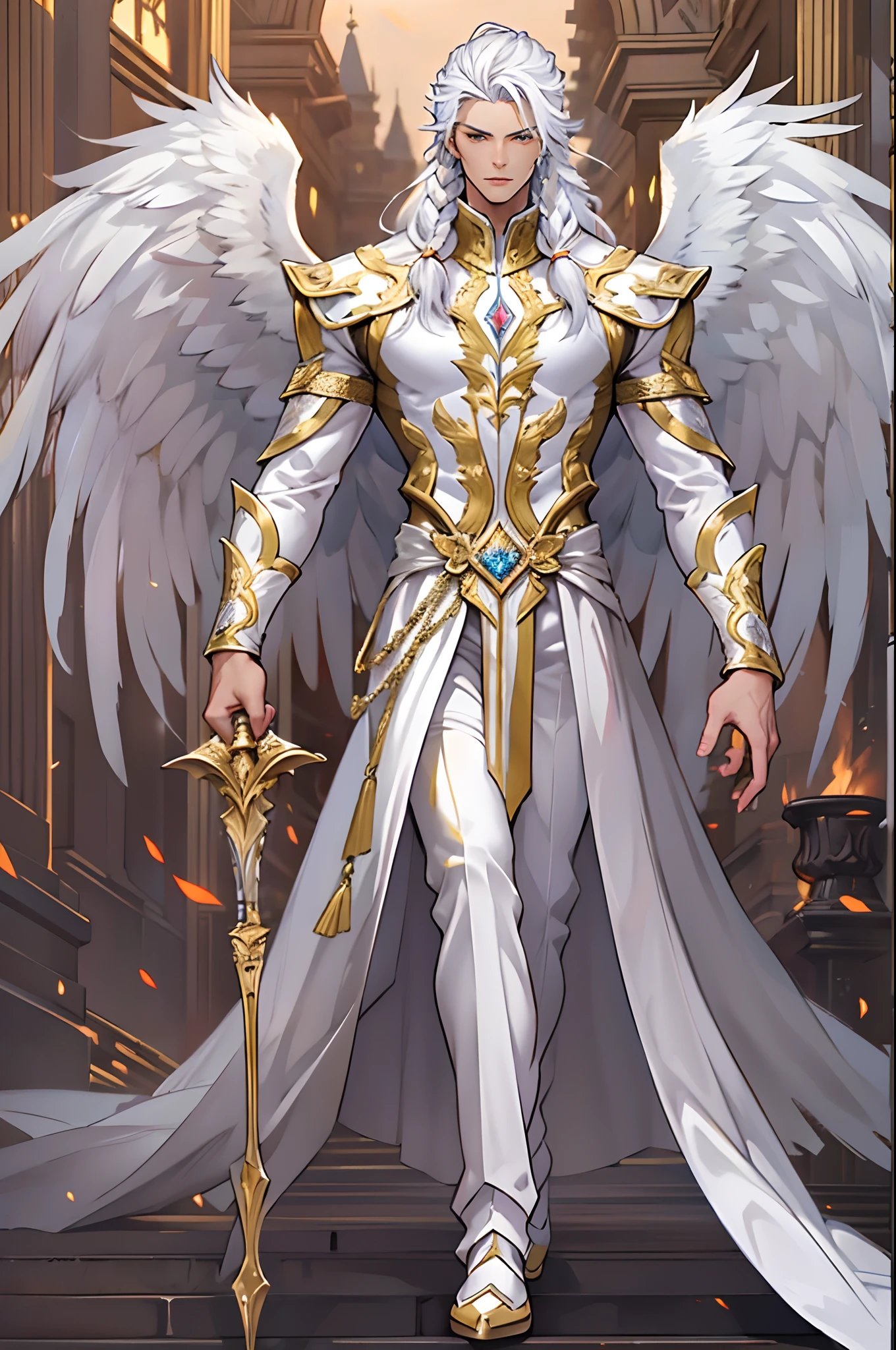 Caius is a handsome male, stands at 7ft tall. He has an athletic body structure. He wears royal attire thats silver and gold. He has beautiful long white silky hair and a golden eye color. He is seen with a staff. He has huge white wings. A big bulge in his pants. White Phoenix human form. His hair is braided back