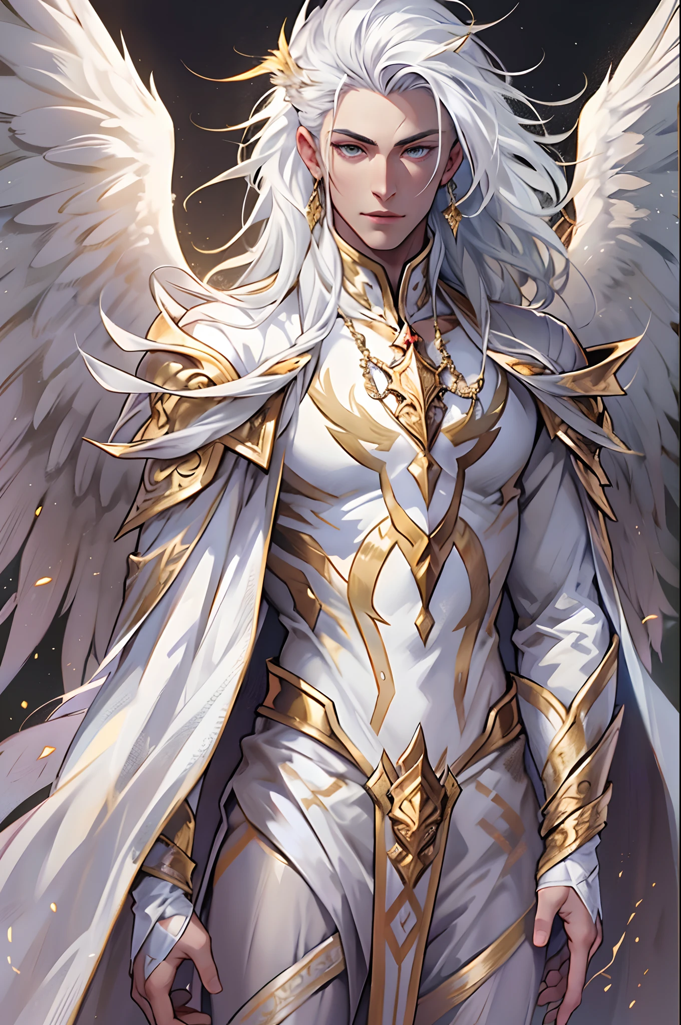 Caius is a handsome male, stands at 7ft tall. He has an athletic body structure. He wears royal attire thats silver and gold. He has beautiful long white silky hair and a golden eye color. He is seen with a staff. He has huge white wings. A big bulge in his pants. White Phoenix human form. His hair is braided back