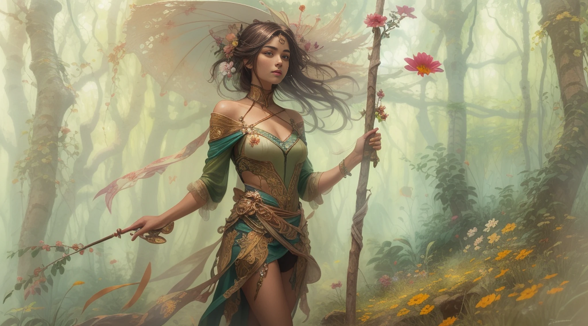 Mulher elfa, roupas verdes, with magic stick, full body standing on a forest, Riacho, Fundo da floresta muito iluminado com muitas flores e folhas, com folhas de cerejeiras caindo, Minimalista, inacabado, arte conceitual, por Brian Froud e Carne Griffiths e Wadim Kashin e John William Waterhouse, detalhes intrincados, 8k post production, high resolution, hiperdetalhado, trending on ArtStation, foco nítido, Studio photo, detalhes intrincados, altamente detalhado,