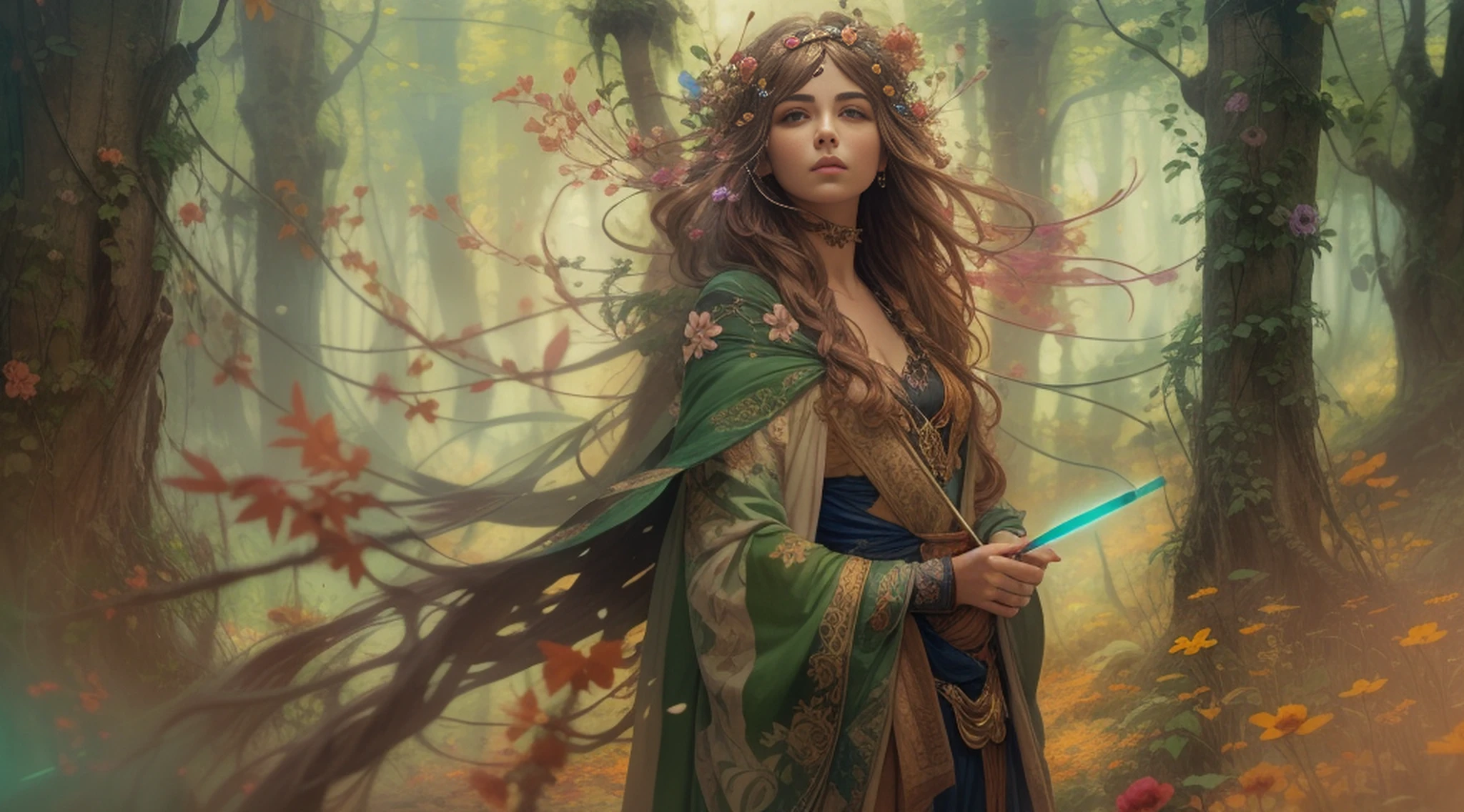 Mulher elfa, roupas verdes, with magic stick, full body standing on a forest, Riacho, Fundo da floresta muito iluminado com muitas flores e folhas, com folhas de cerejeiras caindo, Minimalista, inacabado, arte conceitual, por Brian Froud e Carne Griffiths e Wadim Kashin e John William Waterhouse, detalhes intrincados, 8k post production, high resolution, hiperdetalhado, trending on ArtStation, foco nítido, Studio photo, detalhes intrincados, altamente detalhado,