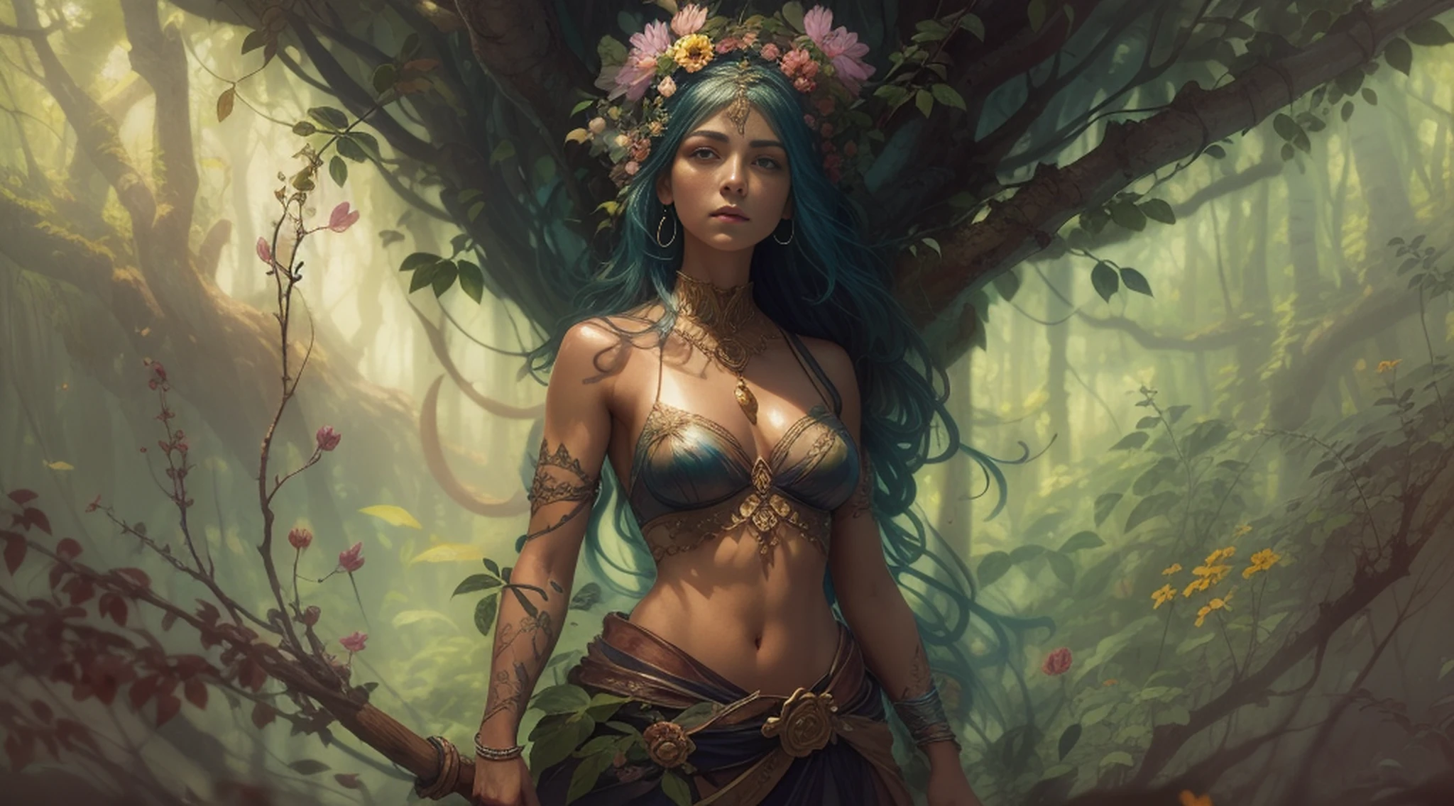 Mulher elfa, roupas verdes, with magic stick, full body standing on a forest, Riacho, Fundo da floresta muito iluminado com muitas flores e folhas, com folhas de cerejeiras caindo, Minimalista, inacabado, arte conceitual, por Brian Froud e Carne Griffiths e Wadim Kashin e John William Waterhouse, detalhes intrincados, 8k post production, high resolution, hiperdetalhado, trending on ArtStation, foco nítido, Studio photo, detalhes intrincados, altamente detalhado,
