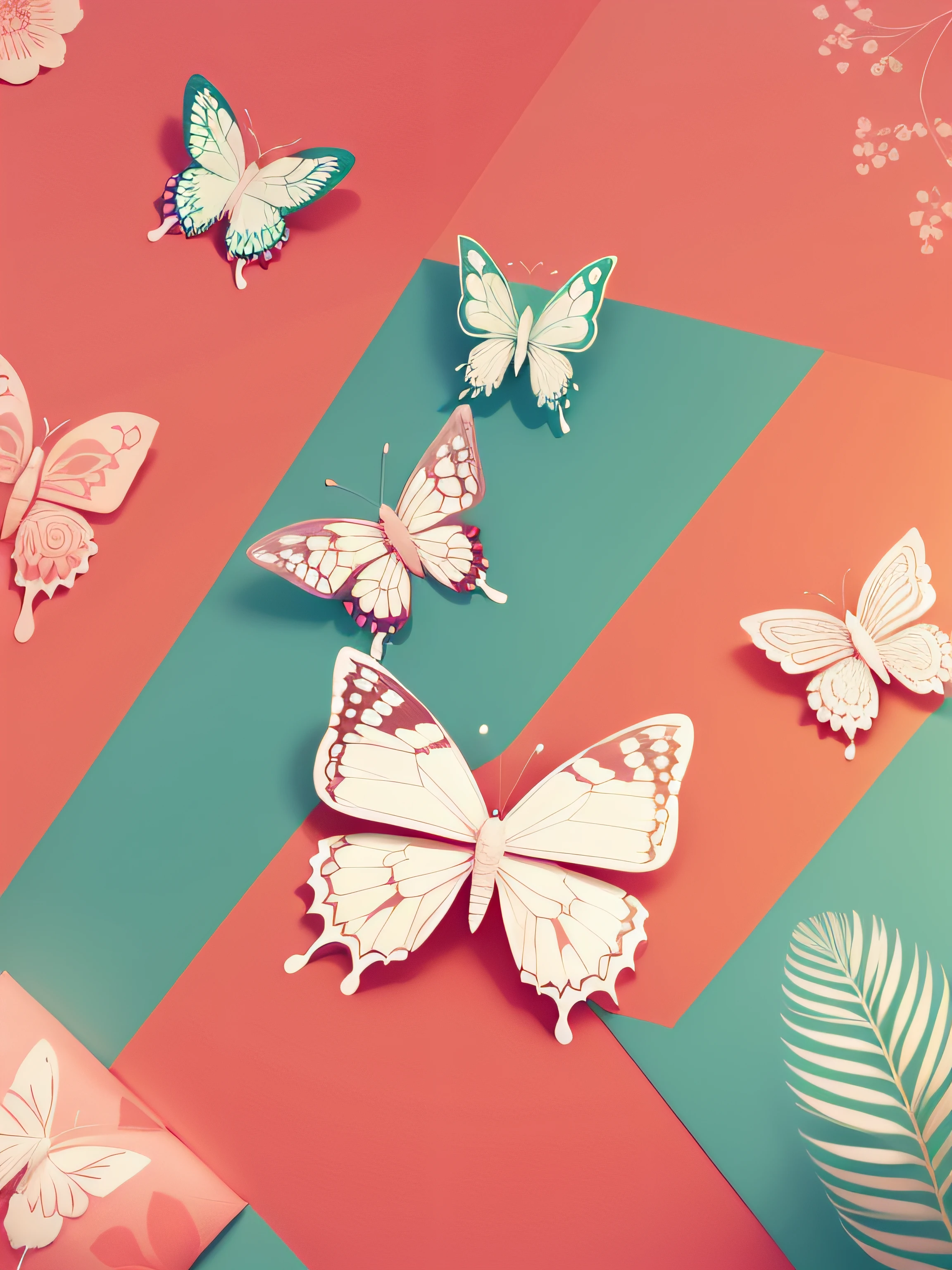 Small butterfly pattern label style, estilo plano, estilo vetorial, papel de parede plano, estilo de desenho, naïve style, em cores muito suaves, como rosa velho, rosa claro, ROSA claro, azul, amarelo claro, branco marfim. FUNDO VERDE CLARO