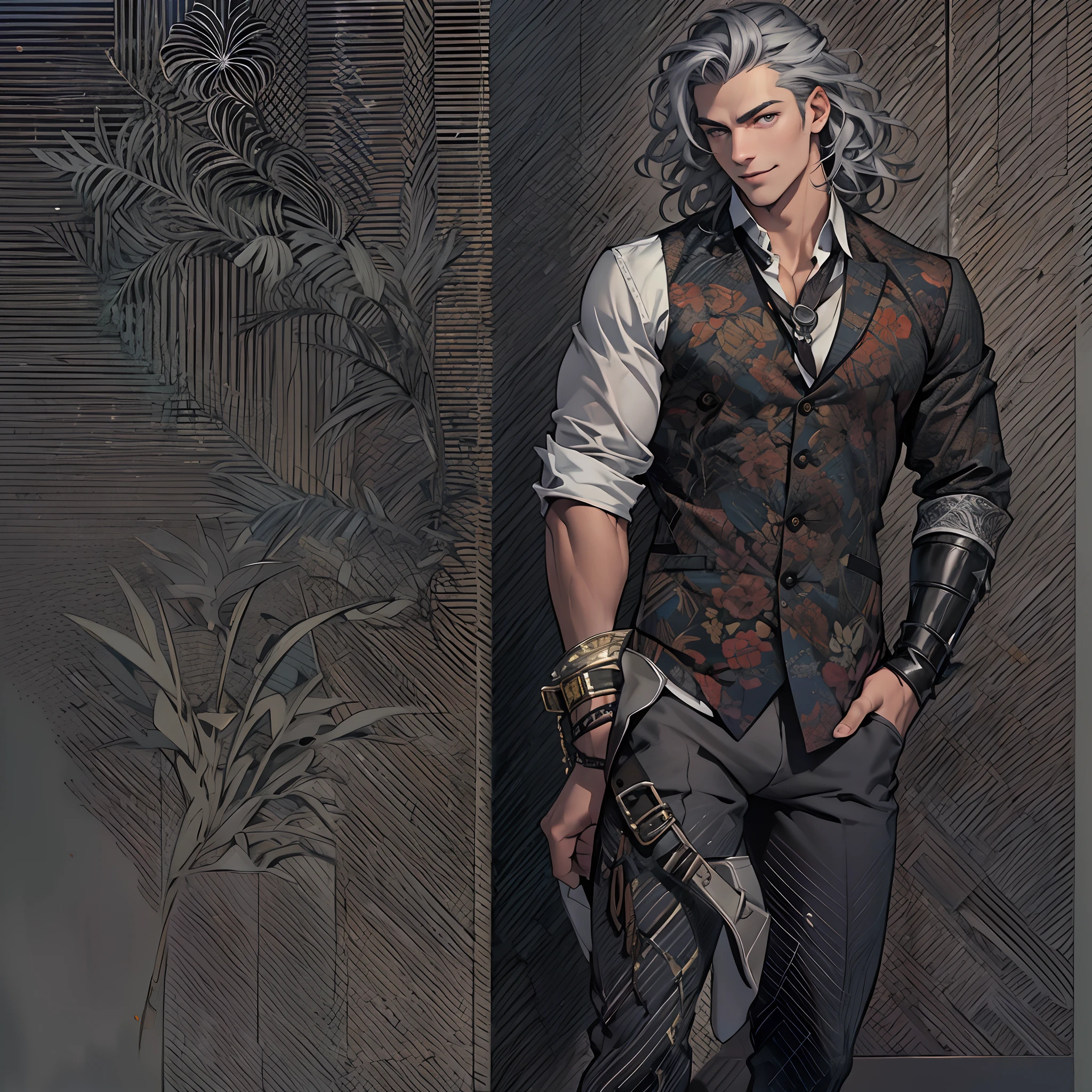 Handsome male. My hair is dark and wavy, with streaks of silver throughout. I have a strong jawline, high cheekbones, and bright gray eyes. I'm tall and lean, with broad shoulders and a muscular physique. When I smile, a cute dimple appears on my left cheek. I often dress in black, but I'm not afraid to mix it up with bold colors every now and then. I carry myself with a sense of confidence, always knowing just how to make an impact.