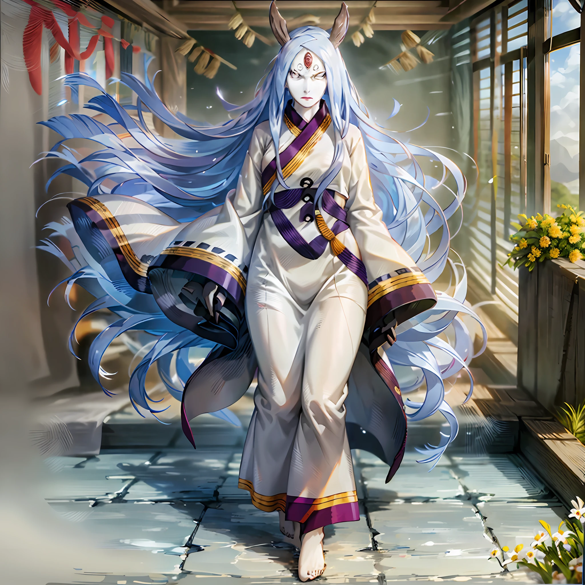 masterpiece,best quality,highly detailed,ultra-detailed,an extremely delicate and beautiful,masterpiece,1girl, solo,kaguya,mature female, long hair, absurdly long hair, third eye,horns, pale skin,white short eyebrows, otsutsuki kimono, floating hair, looking at viewer,t, walking, flipflops, full body