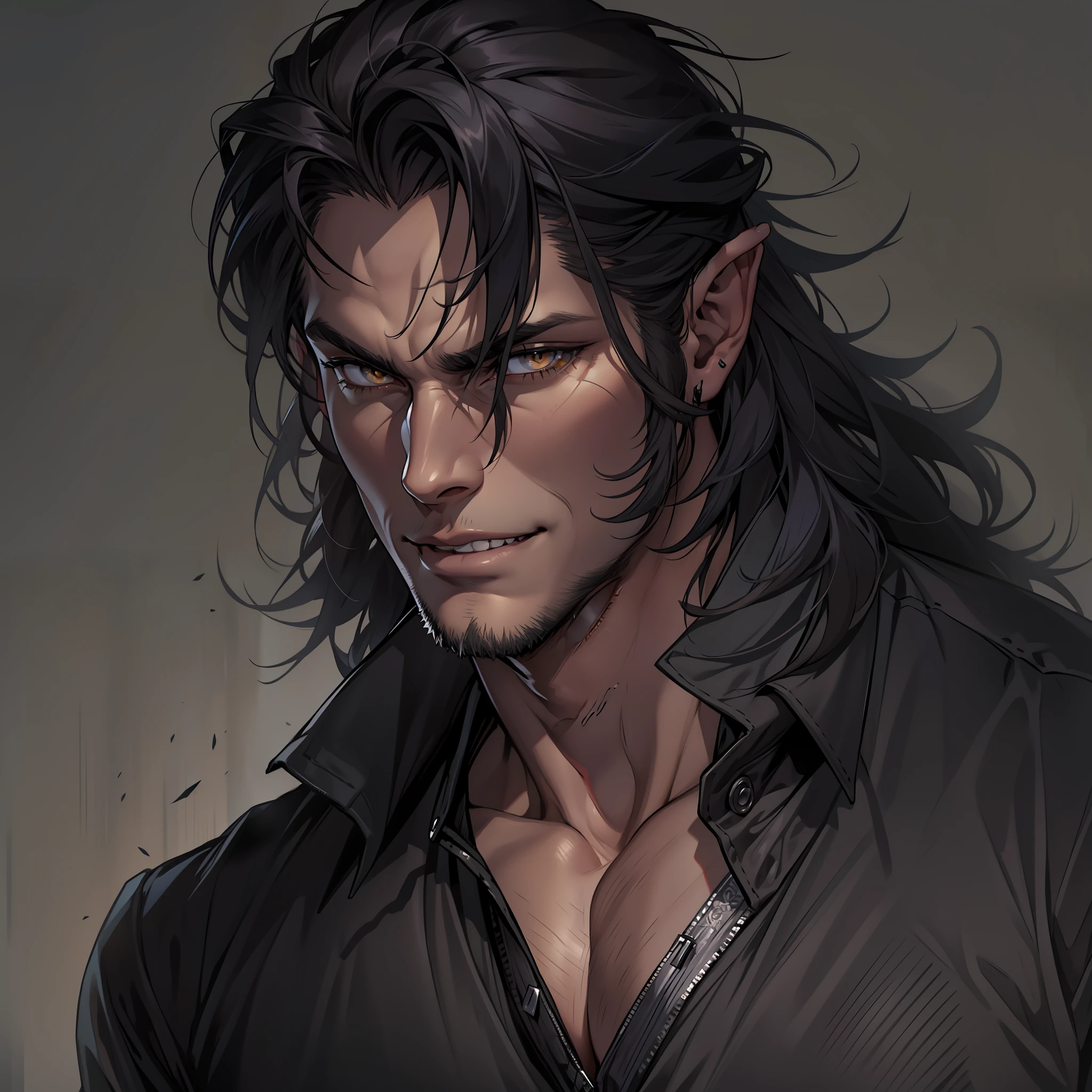Handsome male. Dark silky hair, amber eyes, lean and muscular build, with a sharp jawline and a devilish smile. I'm dressed in fine black clothes and have a silver stake tucked in my sleeve.