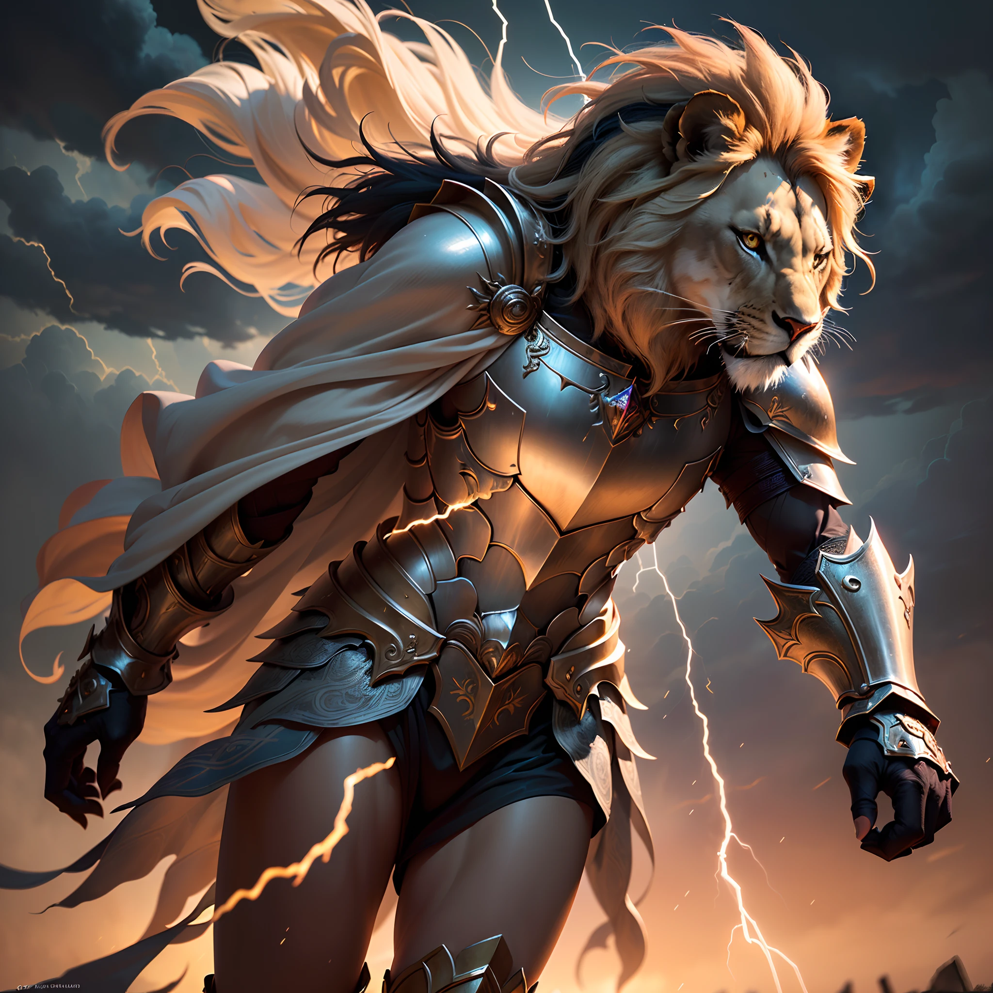 In a realm where tempests clash with bravery, an awe-inspiring tableau takes shape. Amidst a tumultuous expanse of brooding skies and swirling clouds, a fearsome lion stands resolute, adorned in the regal attire of a noble knight. Its lustrous mane cascades like molten gold in the wind, and its eyes radiate unwavering resolve.

Cloaked in ornate armor, the lion knight brandishes a grand, intricately embellished sword etched with motifs reminiscent of lightning's graceful dance. Torrential rain and gusts of wind envelop the knight, heightening the drama of the impending clash. Each flash of lightning reveals the lion's armor agleam, capturing the storm's turbulent elegance.

A resounding roar, reminiscent of thunder, echoes across the battleground as the lion knight charges forth, its sinewy form propelled toward an imposing adversary. This opponent, enshrouded in obscurity, emerges from the heart of the storm itself—a being wrought from swirling mists and malevolent energies.

Bolts of lightning intermittently pierce the gloom, casting an ephemeral radiance upon the climactic encounter between the lion knight and the storm creature. Raindrops and glimmers of arcane energy intermingle, conjuring an atmosphere that is both mystical and surreal.

Within this captivating and breathtaking masterpiece, the lion knight's unyielding mettle stands as a beacon of inspiration, daring to challenge the very elements of nature. Amidst the chaotic theater of war, the lion knight's indomitable valor and unshakable spirit shine brilliantly.