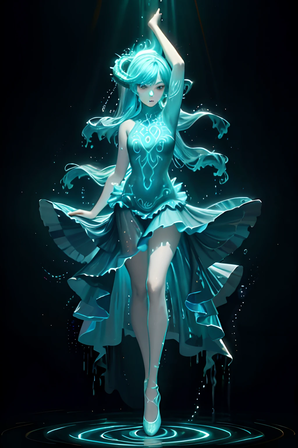(masterpiece, best quality, high quality, highres, ultra-detailed), 1girl,solo,light_blue_hair,(liquid hair:1.2),liquid shoes, long hair,floating hair, full body, standing,sundress, liquid clothes,water dress, best quality, 8k, detailed skin texture, beautiful detailed face, intricate details, ultra detailed,dancing, skirt_tail,Imagine a mesmerizing dance performance set in an underwater-themed ballroom. Dancers adorned in elegant costumes inspired by bioluminescent jellyfish move gracefully to a rhythmic melody. Describe the enchanting interplay of light and motion as the dancers' outfits emit soft, iridescent glows that mimic the bioluminescence of deep-sea creatures. Explore the synergy between the dancers' movements and the radiant hues of their costumes, creating a visually stunning and ethereal spectacle that captivates the audience