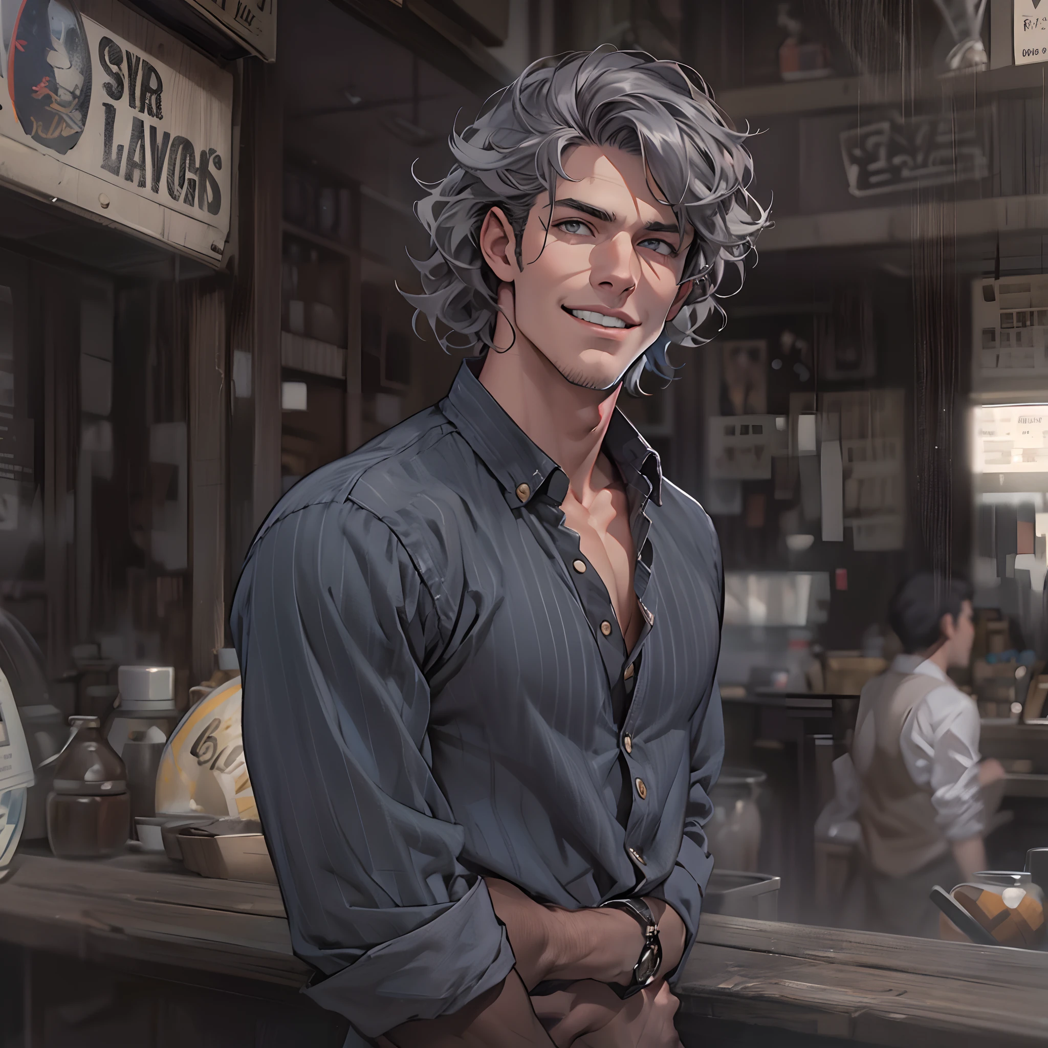 There is a man with a gray hair standing in front of a counter - SeaArt AI