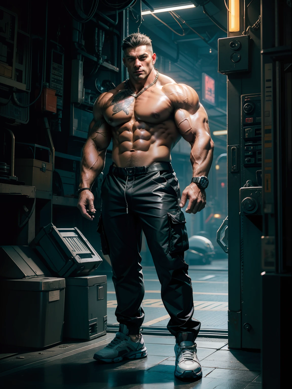 Mature, male, handsome uncle, muscular macho, bodybuilding, muscle behemoth, pectoral muscles, abs, muscle bulge, in mechanical city, cyberpunk style, mechanical headphones, cargo pants, mechanical wind, neon lights, mechanical repairman, tall