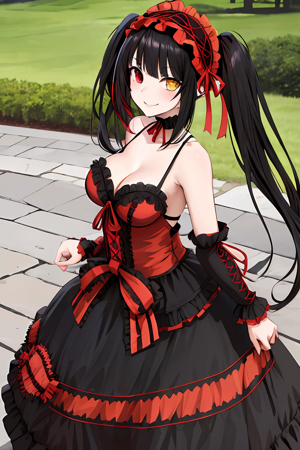 masterpiece, best quality, highres, aakurumi, 1girl, long hair, twintails, hairband, heterochromia, medium breasts, cleavage, black choker, red ribbon, bare shoulders, gothic, red dress, red bow, detached sleeves, red skirt, outdoors, skirt hold, smile,