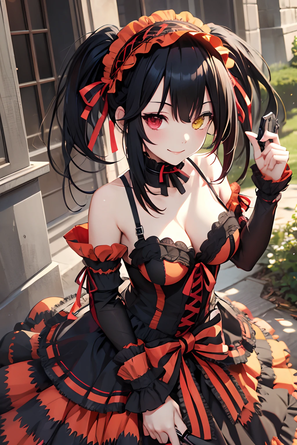 masterpiece, best quality, highres, 1girl, aakurumi, long hair, twintails, hairband, heterochromia, medium breasts, cleavage, black choker, red ribbon, bare shoulders, gothic, red dress, red bow, detached sleeves, red skirt, holding weapon, gun, outdoors, smile,