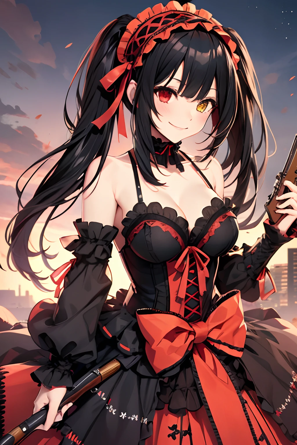 masterpiece, best quality, highres, 1girl, aakurumi, long hair, twintails, hairband, heterochromia, medium breasts, cleavage, black choker, red ribbon, bare shoulders, gothic, red dress, red bow, detached sleeves, red skirt, holding weapon, gun, outdoors, smile,