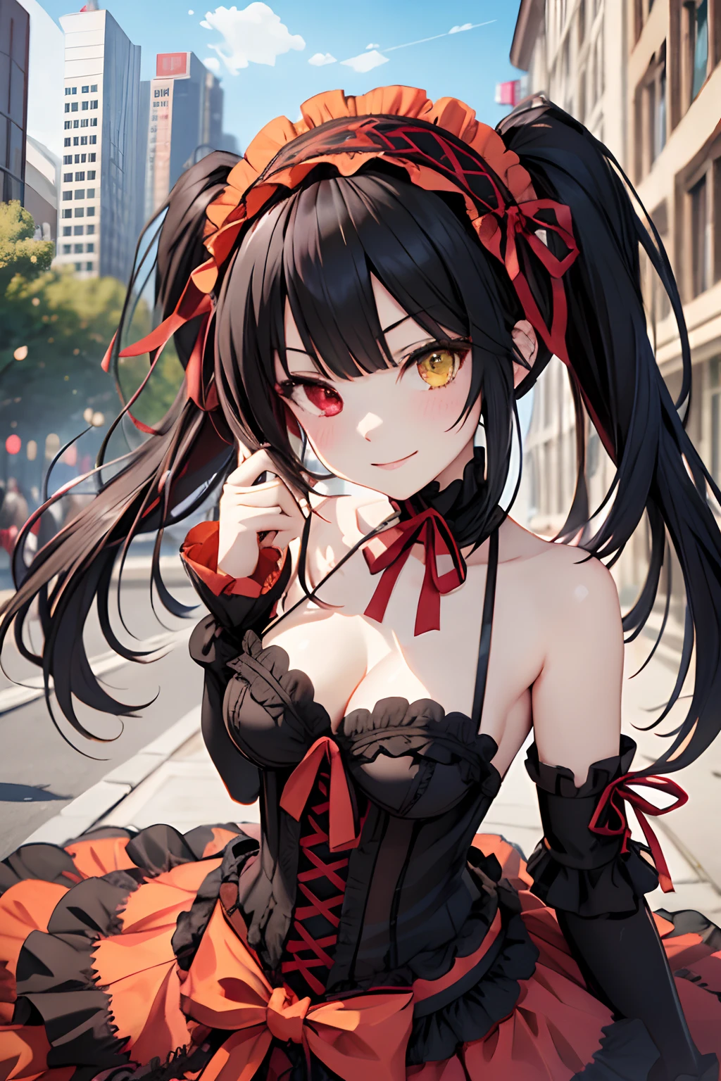 masterpiece, best quality, highres, 1girl, aakurumi, long hair, twintails, hairband, heterochromia, medium breasts, cleavage, black choker, red ribbon, bare shoulders, gothic, red dress, red bow, detached sleeves, red skirt, holding weapon, gun, outdoors, smile,