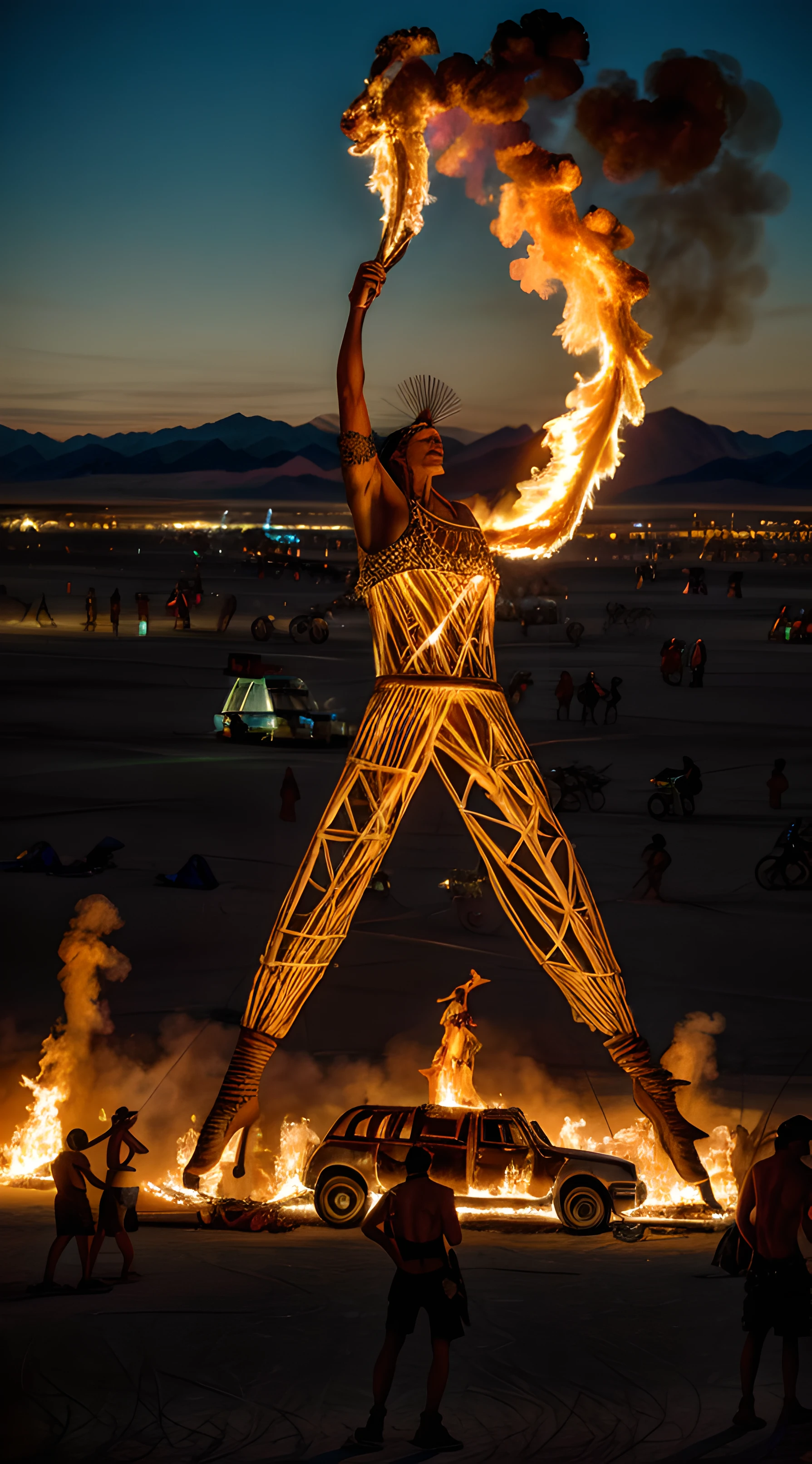 8k masterpiece, best quality:1.2), ultra high definition, photorealistic, tens of thousands of people gather in Nevada’s Black Rock Desert to create Black Rock City, a temporary metropolis dedicated to community, art, self-expression, and self-reliance. In this crucible of creativity, all are welcome, burning man festival, black rock desert, black rock mountains in the background, monolithic structures of (ingenious futuristic art:1.2) otherworldly, metal, wood, glass, fabric, art sculptures scattered over the huge festival area, the cartwheel pattern micro city of campers and festival attractions encompasses a central 90 feet tall wickerman:1.4, flames are billowing out from a burning man sculpture, burning man, burning man nevada, amazing fire art, giant sculpture, style blend of burning man, body made of fire, breath taking, all face covered with a fire, dramatic artwork, absolutely outstanding image, stunning art, head exploding, large flames, fire tornado, BREAK art performers, (bizarre vehicles:1.3), (hedonistic:1.3) ambience, free spirit attitude, hippy vibe, intricate details of art installations, highly detailed art sculptures,