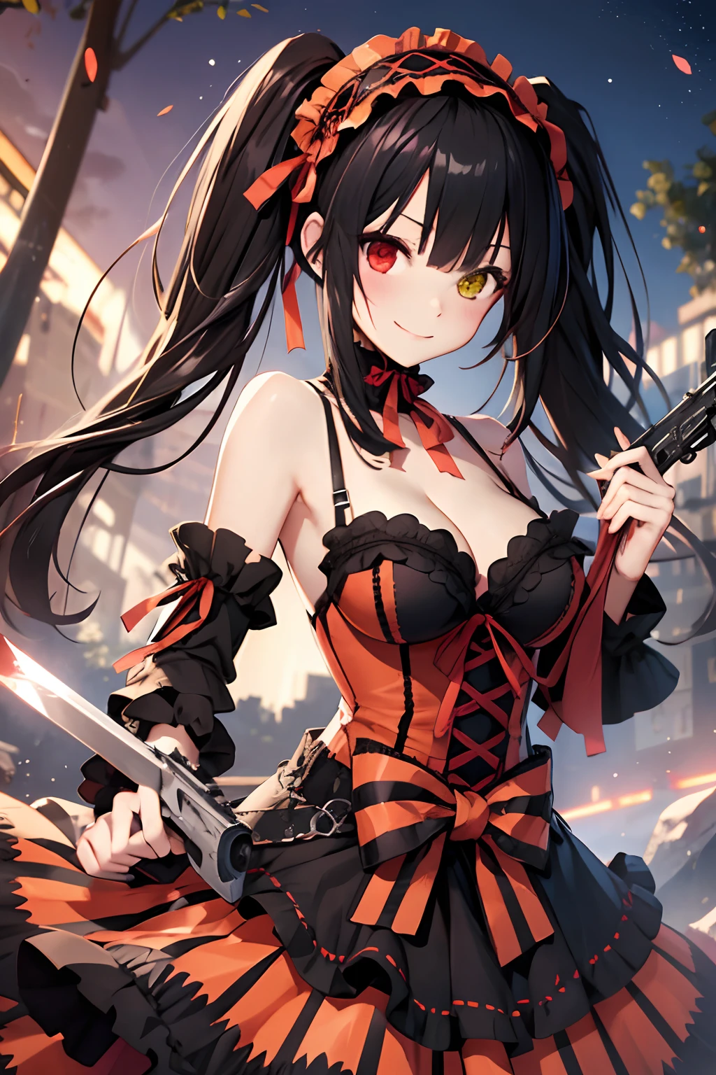 masterpiece, best quality, highres, 1girl, aakurumi, long hair, twintails, hairband, heterochromia, medium breasts, cleavage, black choker, red ribbon, bare shoulders, gothic, red dress, red bow, detached sleeves, red skirt, holding weapon, gun, outdoors, smile,