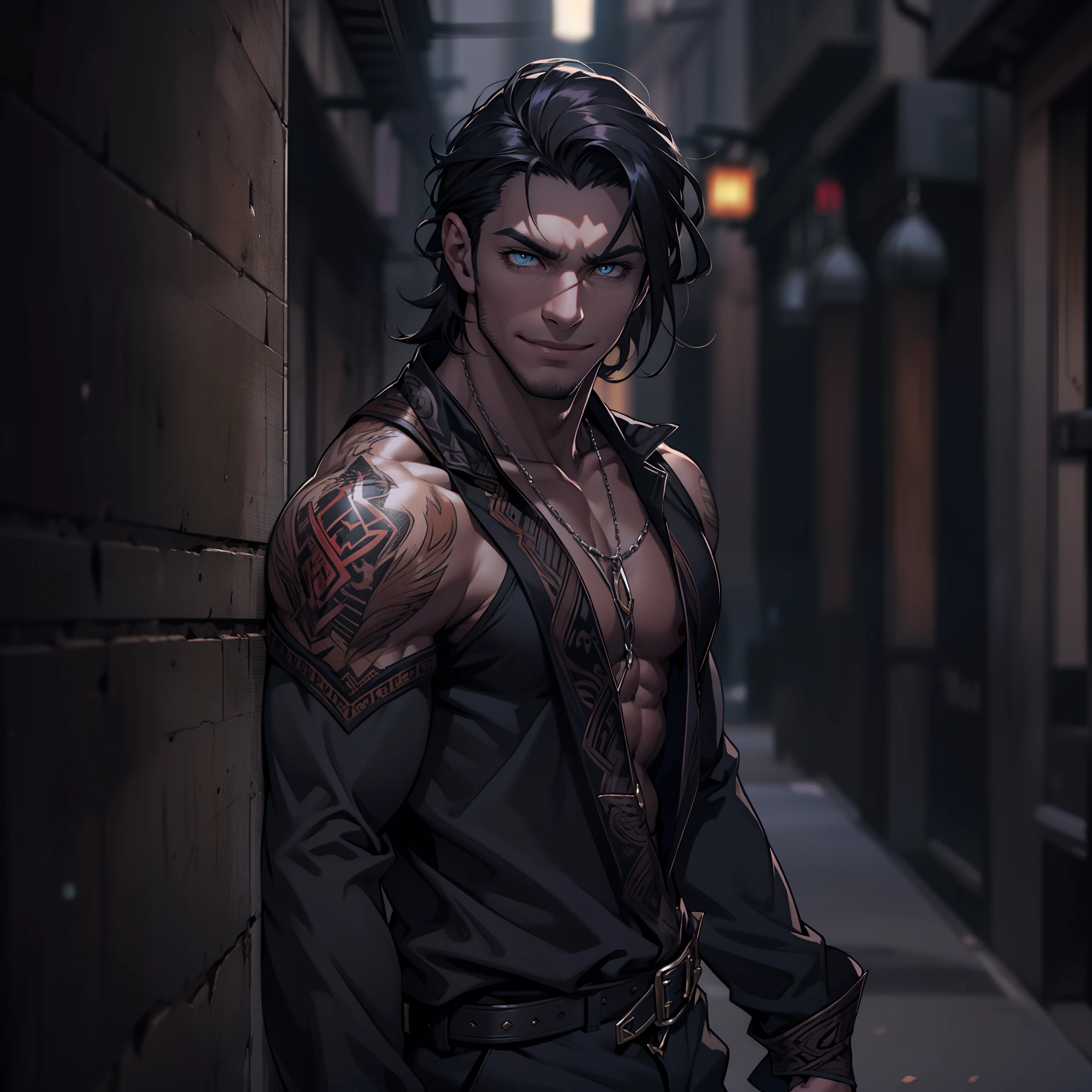 Handsome male. Dark silky hair, amber eyes, lean and muscular build, with a sharp jawline and a devilish smile. I'm dressed in fine black clothes and have a silver stake tucked in my sleeve.