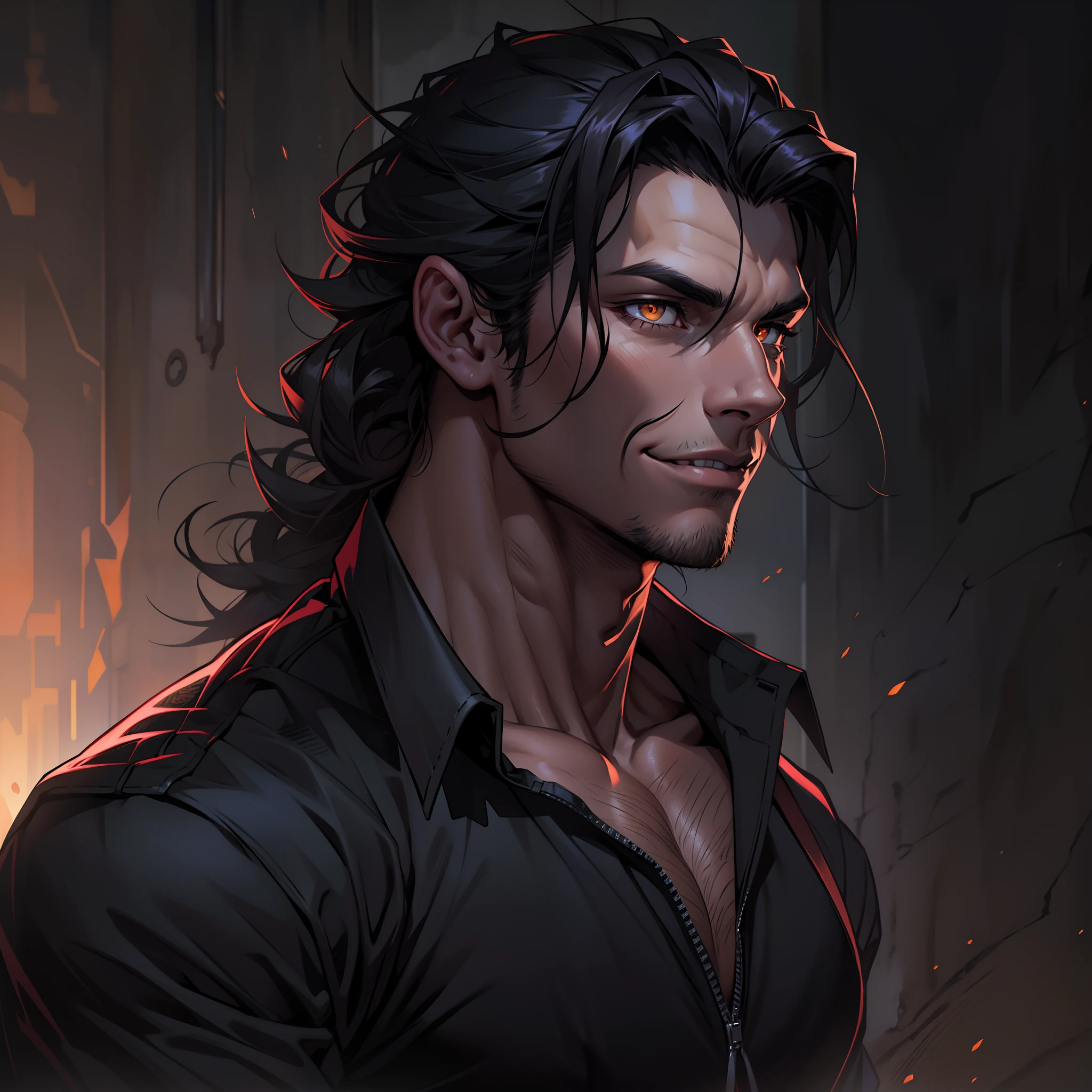 Handsome male. Dark silky hair, amber eyes, lean and muscular build, with a sharp jawline and a devilish smile. I'm dressed in fine black clothes and have a silver stake tucked in my sleeve.