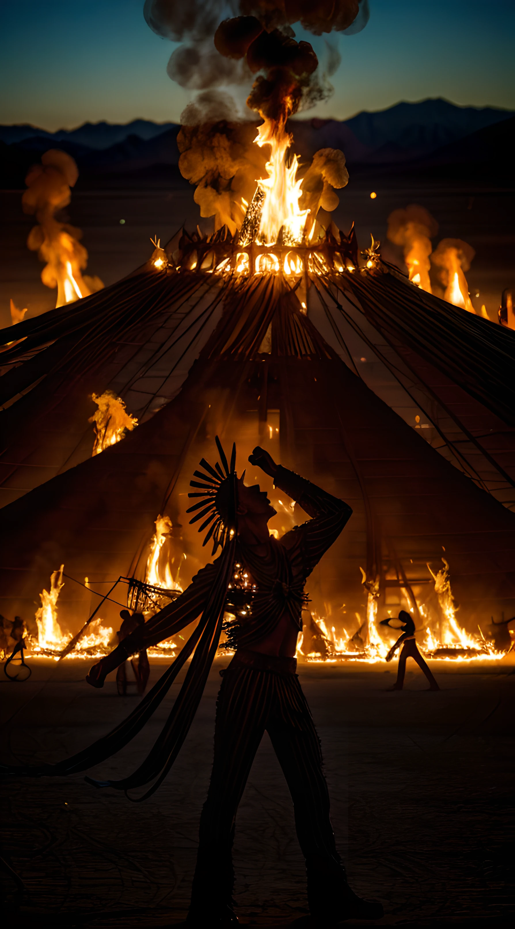 8k masterpiece, best quality:1.2), ultra high definition, photorealistic, tens of thousands of people gather in Nevada’s Black Rock Desert to create Black Rock City, a temporary metropolis dedicated to community, art, self-expression, and self-reliance. In this crucible of creativity, all are welcome, burning man festival, black rock desert, black rock mountains in the background, monolithic structures of (ingenious futuristic art:1.2) otherworldly, metal, wood, glass, fabric, art sculptures scattered over the huge festival area, the cartwheel pattern micro city of campers and festival attractions encompasses a central 90 feet tall wickerman:1.4, flames are billowing out from a burning man sculpture, burning man, burning man nevada, amazing fire art, giant sculpture, style blend of burning man, body made of fire, breath taking, all face covered with a fire, dramatic artwork, absolutely outstanding image, stunning art, head exploding, large flames, fire tornado, BREAK art performers, (bizarre vehicles:1.3), (hedonistic:1.3) ambience, free spirit attitude, hippy vibe, intricate details of art installations, highly detailed art sculptures,