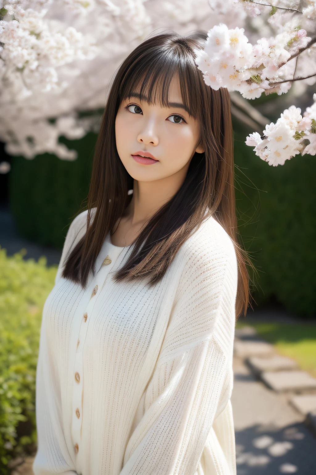 (​masterpiece、top-quality、high-level image quality、ultra res,in 8K), (Raw foto:1.2), (Photorealsitic:1.4), (beautiful a girl,Sexy actress,japanes、cute little、Alone),Anguish and despair　Woman with a broken heart,Beautiful and gentle photograph of tired sentimental woman、年轻、Spring outfit、The landscape reflects the spirit of her present、Cold wind blows、springtime、April、Sunshine、jpn、professional photograpy、