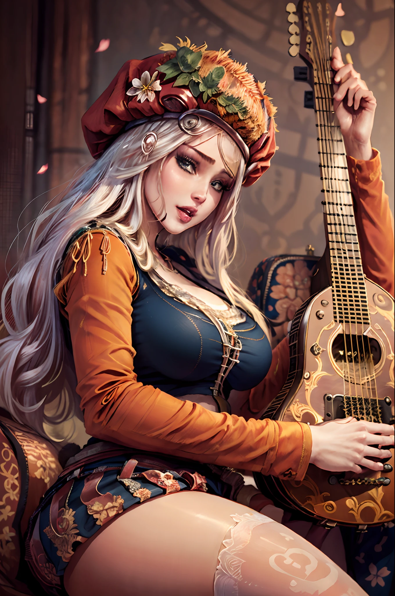 (masterpiece, top quality, best quality, official art, detailed:1.2), priscillaW3, 1girl, solo, long hair, red skirt, blonde hair, long sleeves, red hat, showing cleavage, (skindentation:1.4), (holding her guitar between her huge breasts:1.4), looking at viewer, instrument, realistic, music, on her knees, flexing, (:1.4) beautiful white stockings with floral pattern and garter belts, plumb ass, showing perky ass cheeks, thick thighs, thin waist, (ahegao face:1.4)