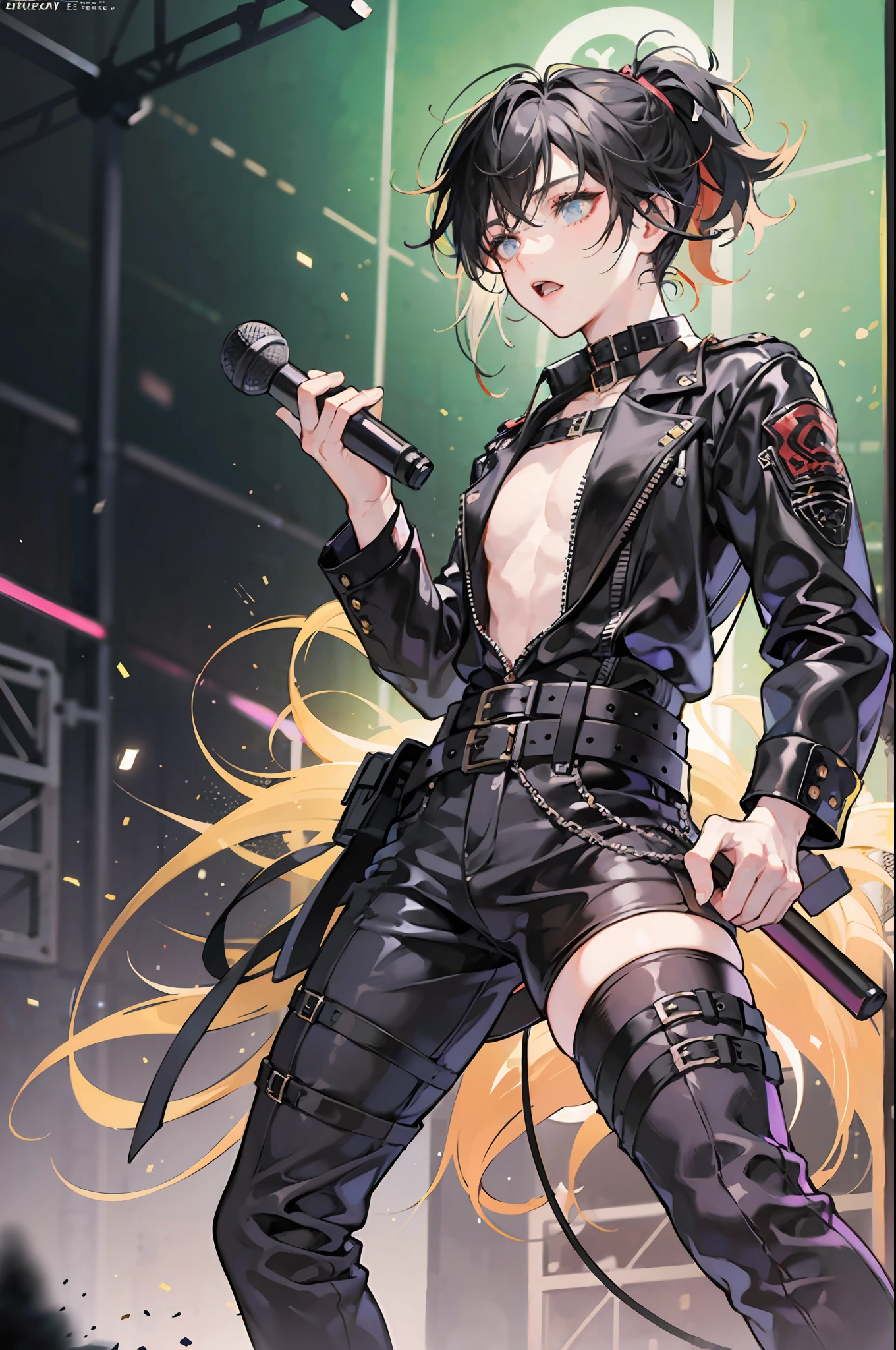 1boy, male, ma, short hair, demi, gorgeous, A heavy metal singer performing on stage live, by popo liang and hikari shimoda, dressed in black and gray, multicolored hair, gradient hair, spiky hairstyle, lots of belts and spikes on outfit, grunge punk fashion, anger, music, holding a guitar in front of a stand mic, neon lighting, vibrant colors, gritty details, dynamic action, electrifying energy, dynamic composition, characters with wild hair, trending on artstation, surrealistic elements.