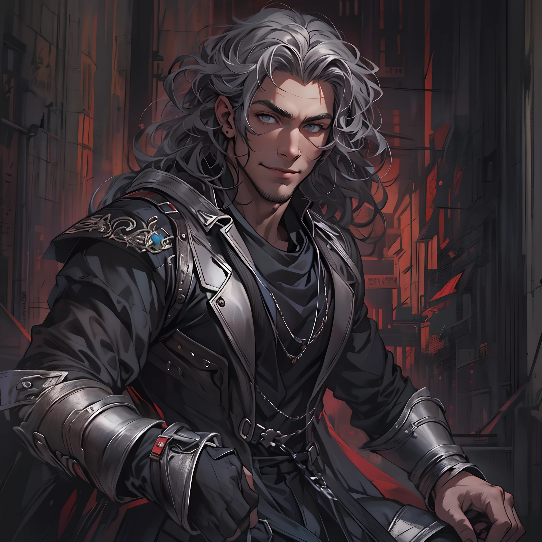 Handsome male. My hair is dark and wavy, with streaks of silver throughout. I have a strong jawline, high cheekbones, and bright gray eyes. I'm tall and lean, with broad shoulders and a muscular physique. When I smile, a cute dimple appears on my left cheek. I often dress in black, but I'm not afraid to mix it up with bold colors every now and then. I carry myself with a sense of confidence, always knowing just how to make an impact.