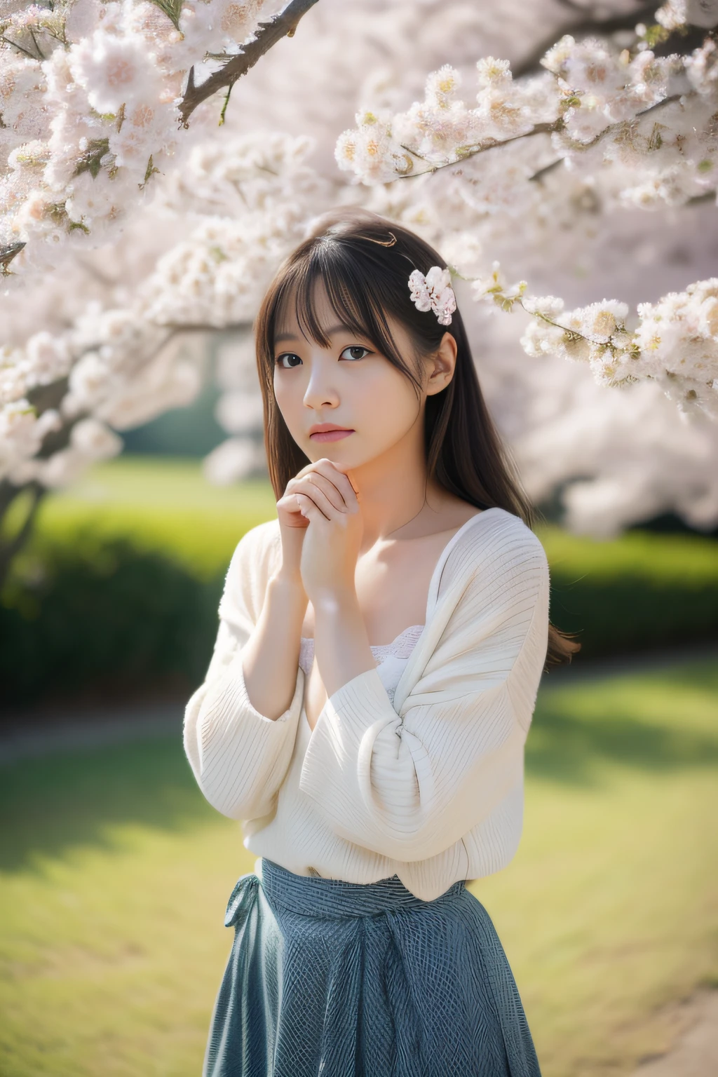 (masterpiece、top-quality、high-level image quality、ultra res,in 8K), (Raw foto:1.2), (Photorealsitic:1.4), (beautiful a girl,Sexy actress,japanes、cute little、Alone),Anguish and despair Woman with a broken heart,Beautiful and gentle photograph of tired sentimental woman、年轻、Spring outfit、The landscape reflects the spirit of her present、Cold wind blows、springtime、April、Sunshine、jpn、professional photograpy、