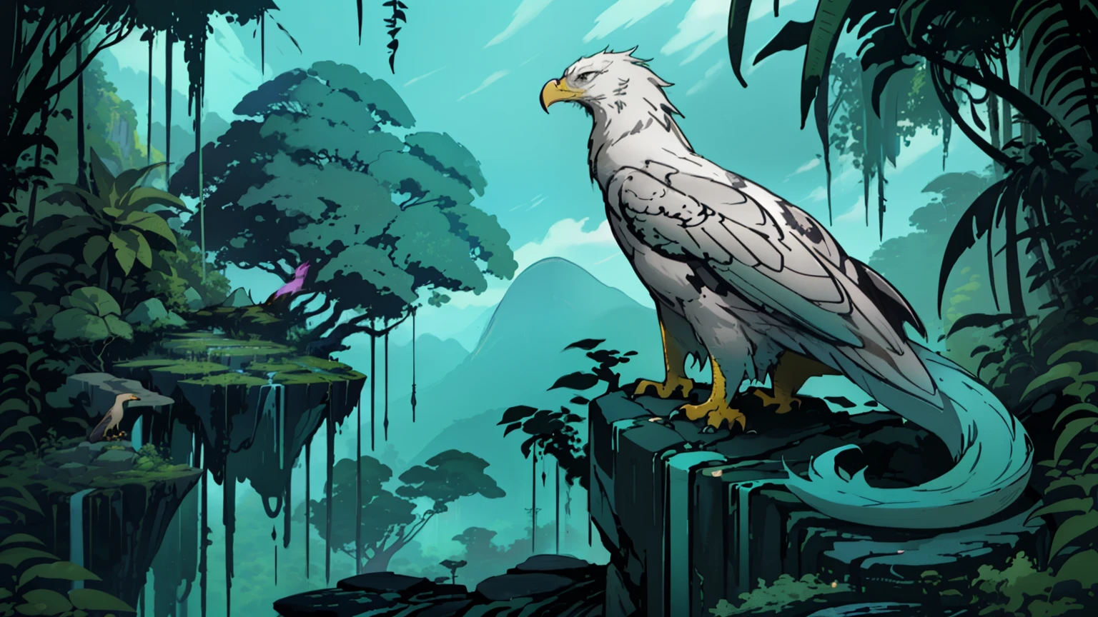 "Side view, Beautiful and majestic eagle with a magical elongated tail perched on a rocky outcrop, gazing towards the lush jungle."