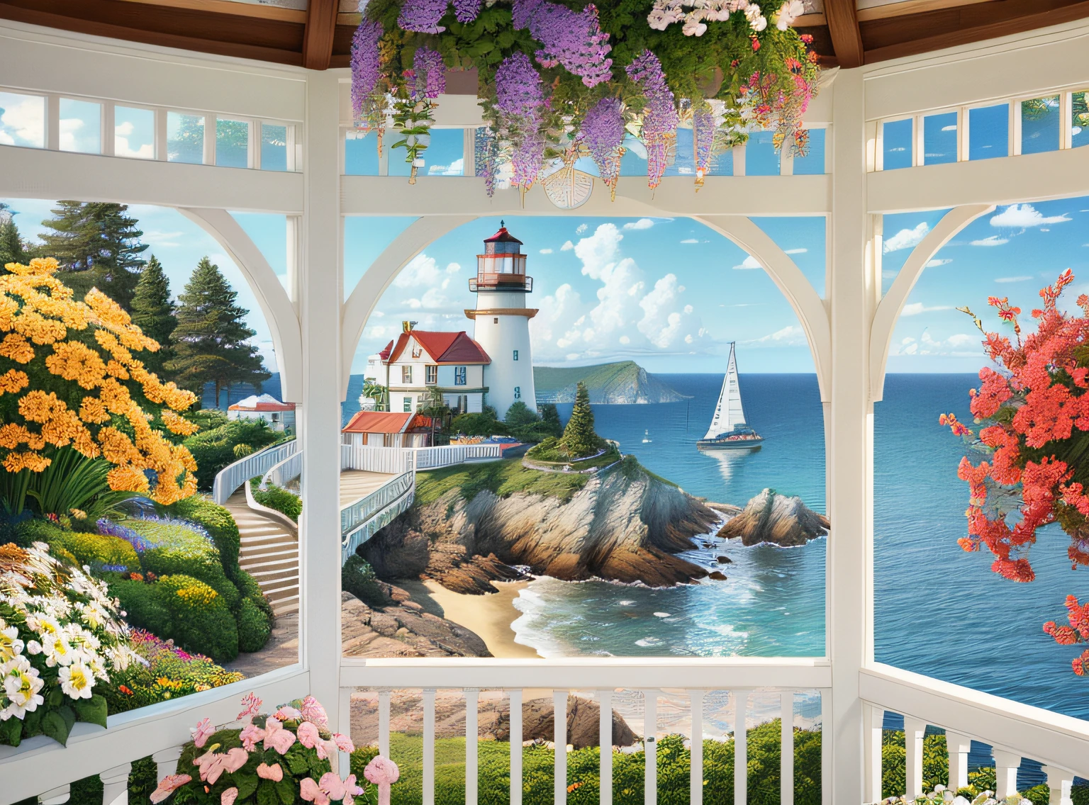 there is a gazebo with a view of the ocean and a lighthouse, detailed scenic view, sunny bay window, seaside backgroud, beautiful scenic view, scenery artwork, scenery art detailed, overlooking the ocean, in a scenic background, scenic view, beatiful backgrounds, scenic background, there is a window to the sea, thomas kinkade style, ocean view