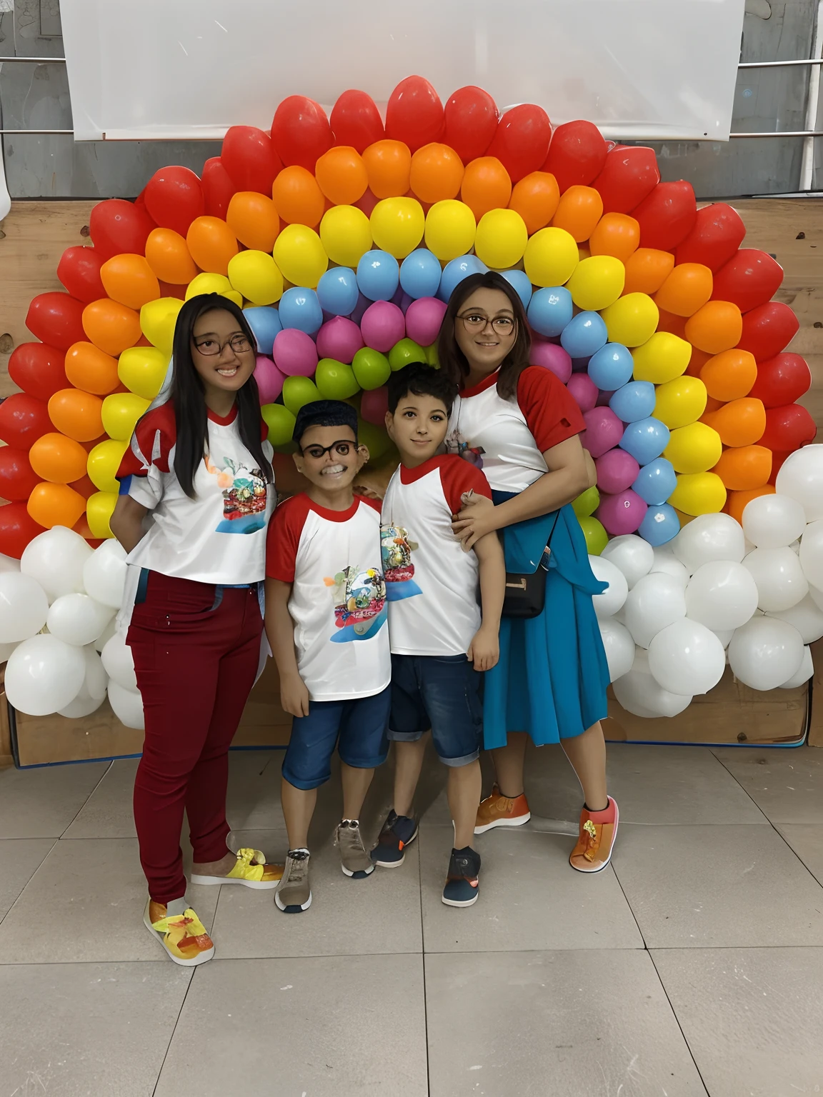 There are three people in front of a rainbow made of balloons, Directed by: Nandor Soldier, Directed by: Márta Lacza, # e 4 e 6 2 0, f 4, f4, Happy family, pano de fundo, sorrisos e cores, f2, f 2, Tomado com Sony Alpha 9, Por Reyna Rochin