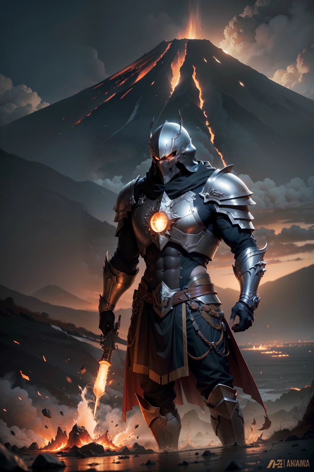 homem forte, obra-prima, ultra marinho, (reflexos de metal), hdr, melhor qualidade, uhd, 8K分辨率, melhor luz, realista, fundo detalhado, rosto detalhado, detailed hands, corpo inteiro, (Epic War), (alien planet), Volumetric cinematic lighting, (altamente detalhada: 1.4), pintura digital, octane rendering, artstation, arte conceitual, smooth and sharp focus, Full-body 8K drive rendering, action shot, reflexos realistas, cinematic composition, solo, vulkan, armadura detalhada, rosto detalhado, detalhes de bronze, detalhes da arma, intrincado ornamentado, armadura completa, skull, segurando martelo grande, flame thrower, careca, pele escura, olhos vermelhos, olhos brilhantes, poros da pele, robusta, armadura sangrenta, brooding, olhando sobre o horizonte, Standing behind a volcano, Volcano eruption landscape background, floating particles, cloudy ash sky, very dark lighting, luz da lava, sombras pesadas, Red Thunderstorm,