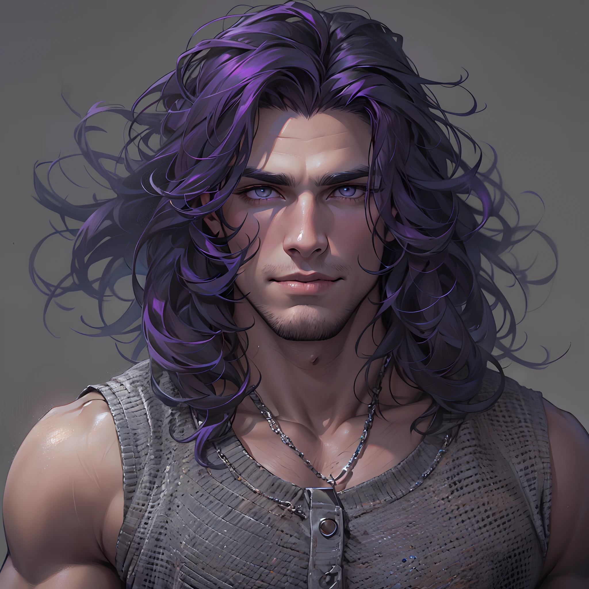 Handsome male. My hair is dark and wavy, with streaks of silver throughout. I have a strong jawline, high cheekbones, and bright gray eyes. I'm tall and lean, with broad shoulders and a muscular physique. When I smile, a cute dimple appears on my left cheek. I often dress in black, but I'm not afraid to mix it up with bold colors every now and then. I carry myself with a sense of confidence, always knowing just how to make an impact. Purple hair. Long hair.