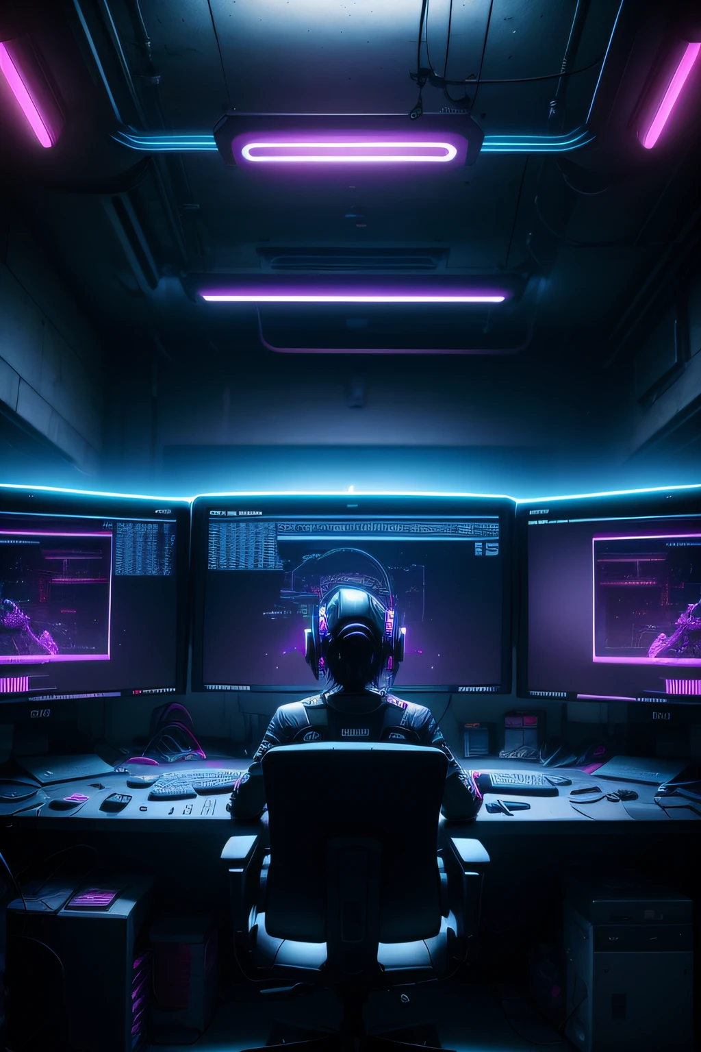 a dimly lit computer lab with lots of monitors and a keyboard, cyberpunk setting, Cyber punk configuration, cyber neon lighting, cyber space, cyberpunk with neon lighting, luzes cyber neon, in a cyberpunk themed room, interior cyberpunk, Gamer screen on metal table, cyber aesthetic, Cybernetic style, computador sci-fi, cyber background, cyber installation, console e computador