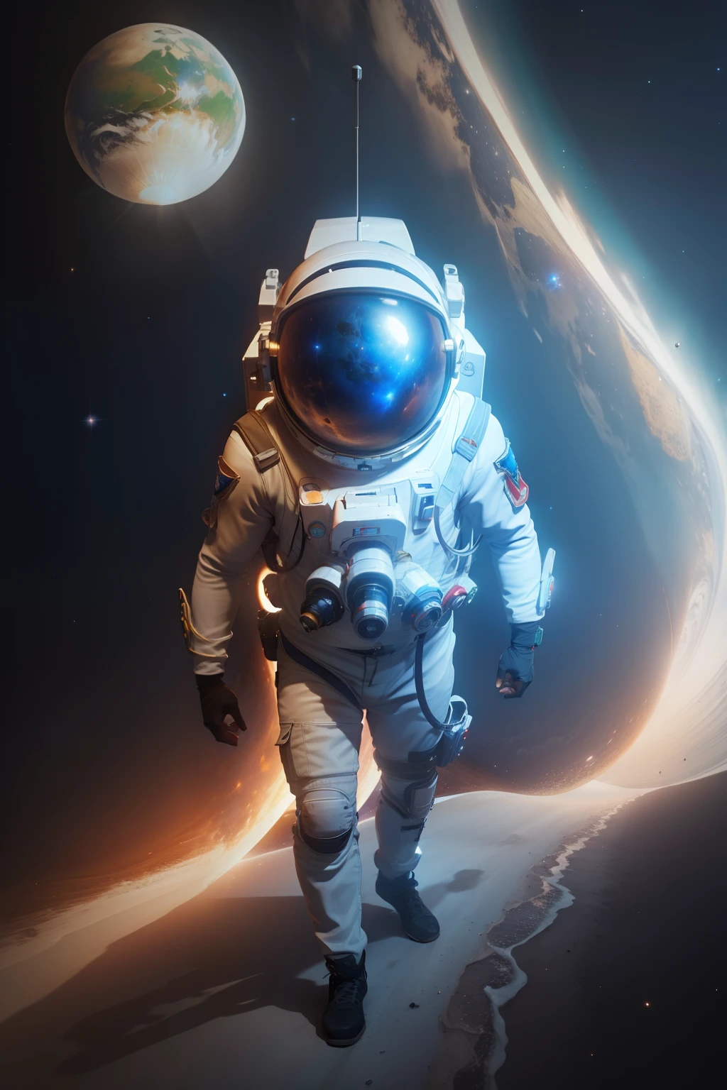 Um astronauta na caminhando na lua olhando a terra de longe