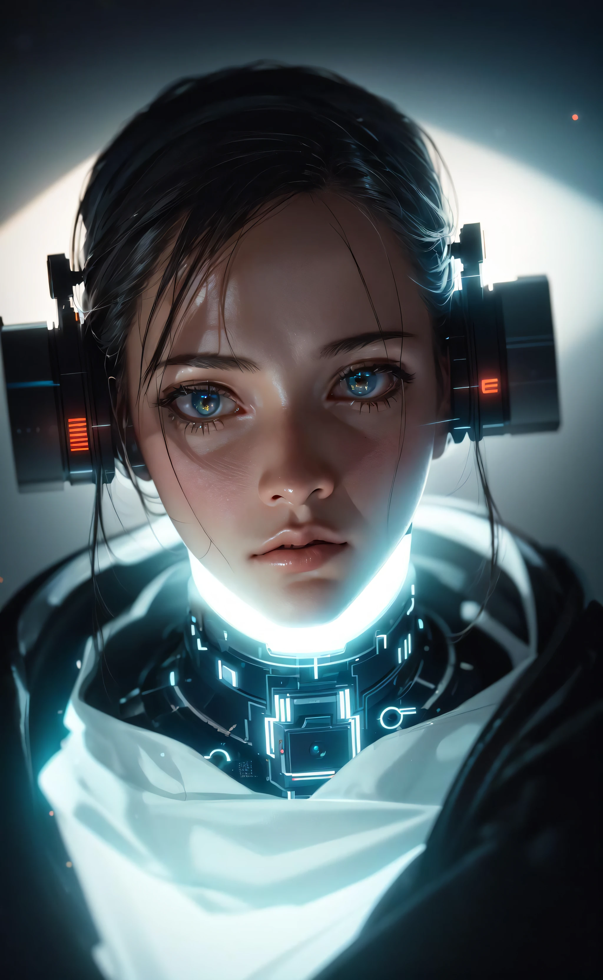(editorial close-up portrait of cyber ghost), hack, code, cyborg, sci-fi, sharp focus, dof, bokeh, extremely detailed, intricate, realistic, (film grain), cinematic, POV, shot on nikon d850, film stock photograph, 4 kodak portra 400, f1.6 lens, rich colors, hyper realistic, lifelike texture, dramatic lighting, cinestill 800