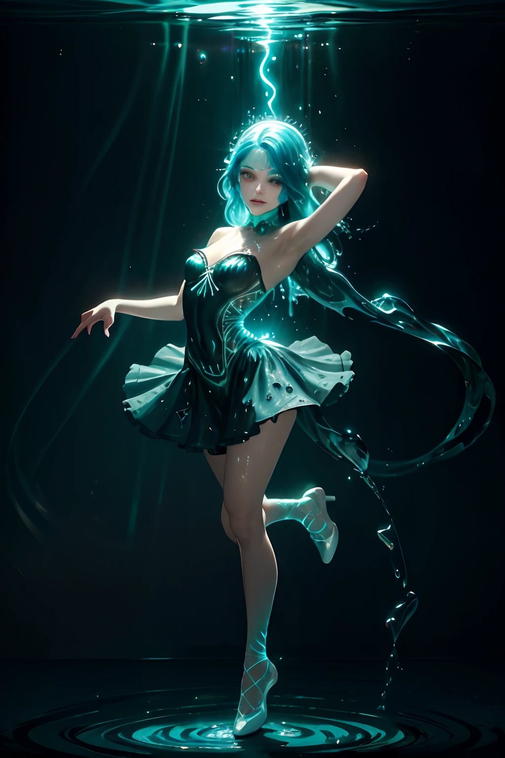 (masterpiece, best quality, high quality, highres, ultra-detailed), 1girl,solo,light_blue_hair,(liquid hair:1.2),liquid shoes, long hair,floating hair, full body, standing,sundress, liquid clothes,water dress, best quality, 8k, detailed skin texture, beautiful detailed face, intricate details, ultra detailed,dancing, skirt_tail,Imagine a mesmerizing dance performance set in an underwater-themed ballroom. Dancers adorned in elegant costumes inspired by bioluminescent jellyfish move gracefully to a rhythmic melody. Describe the enchanting interplay of light and motion as the dancers' outfits emit soft, iridescent glows that mimic the bioluminescence of deep-sea creatures. Explore the synergy between the dancers' movements and the radiant hues of their costumes, creating a visually stunning and ethereal spectacle that captivates the audience